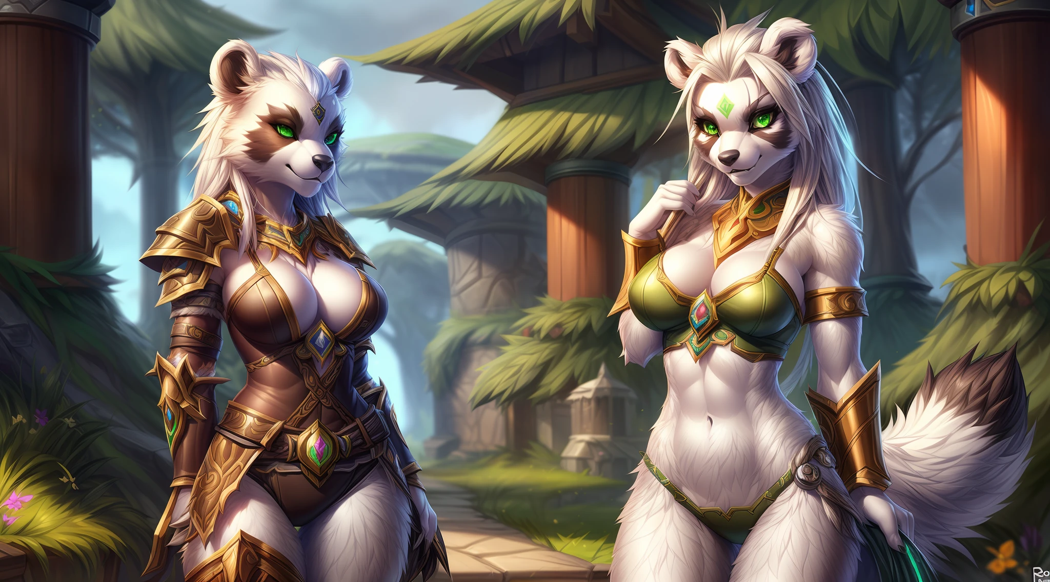 , by Ross Tran, Award-winning photo of World of Warcraft druid girl, slim white panda, F-cup breasts, green eyes, light leather armor, SFW, detailed, photorealistic, highly detailed fur, 8K rendering, on e621.net, furry art, short bear tail, short tail, stormwind