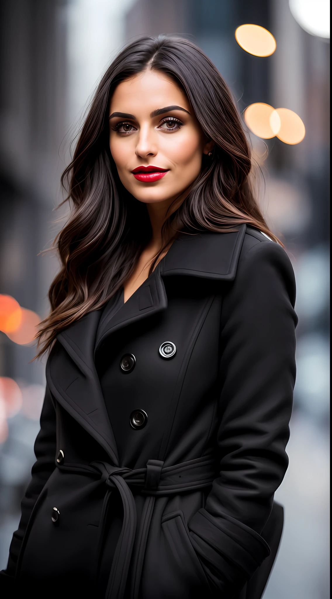 Dark and gloomy, 8K, photo of an extremely beautiful 30-year-old brunette Brazilian CEO in New York City at night in the background, (dark brown hair on the shoulder), makeup, red lips, dark eyes, (closed elegant black coat), (elegant black dress inside the coat), (closed clothes), rebel archetype, frontal vision, looking straight ahead to the audience,  dynamic pose, hyper realistic,{extremely beautiful olive skin}, (highly detailed skin: 1.2) {{{masterpiece}}}, realistic texture, dynamic composition, Fujifilm XT2, 85mm F1.2, shutter speed 1/80, (bokeh), high contrast