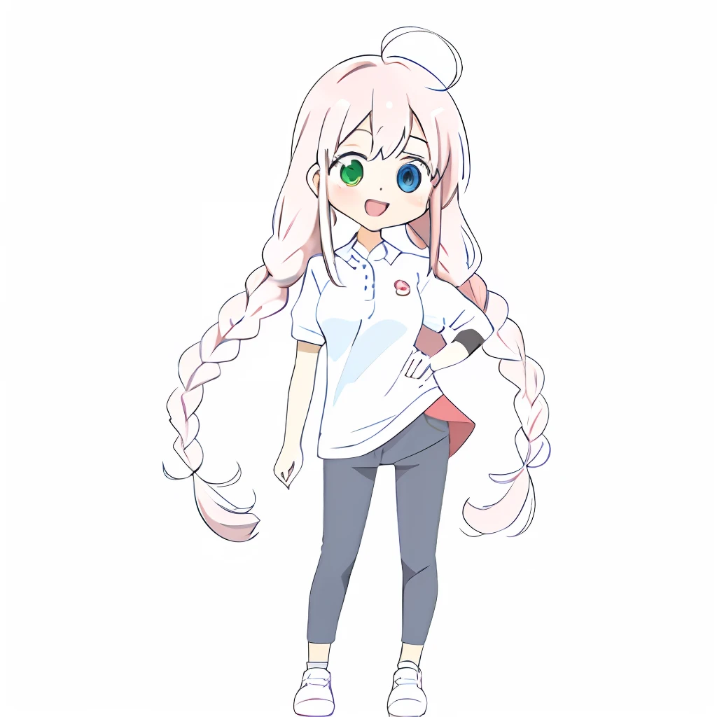Anime illustrations in the style of "Kyoto Animation", highest quality, (cute: 1.1), (kawaii:1.5), (high resolution: 1.2), incredibly ridiculous: 1.3, incredibly fine illustrations, break ,1 beautiful girl, Solo, (heterochromia, light blue eyes and light green eyes), silhouette of star eyes, solo, standing figure, happy, :d, princess eyes, big breasts, break, braid, light pink hair, semi-long hair, red ribbon at the end of braid,break, (red short-sleeved polo shirt and black tight long pants, long heat tech inner shirt: 1.5) sneaker,break, standing, Angle from the front, break,vtuber,front angles,full body,(chibi:1.2)