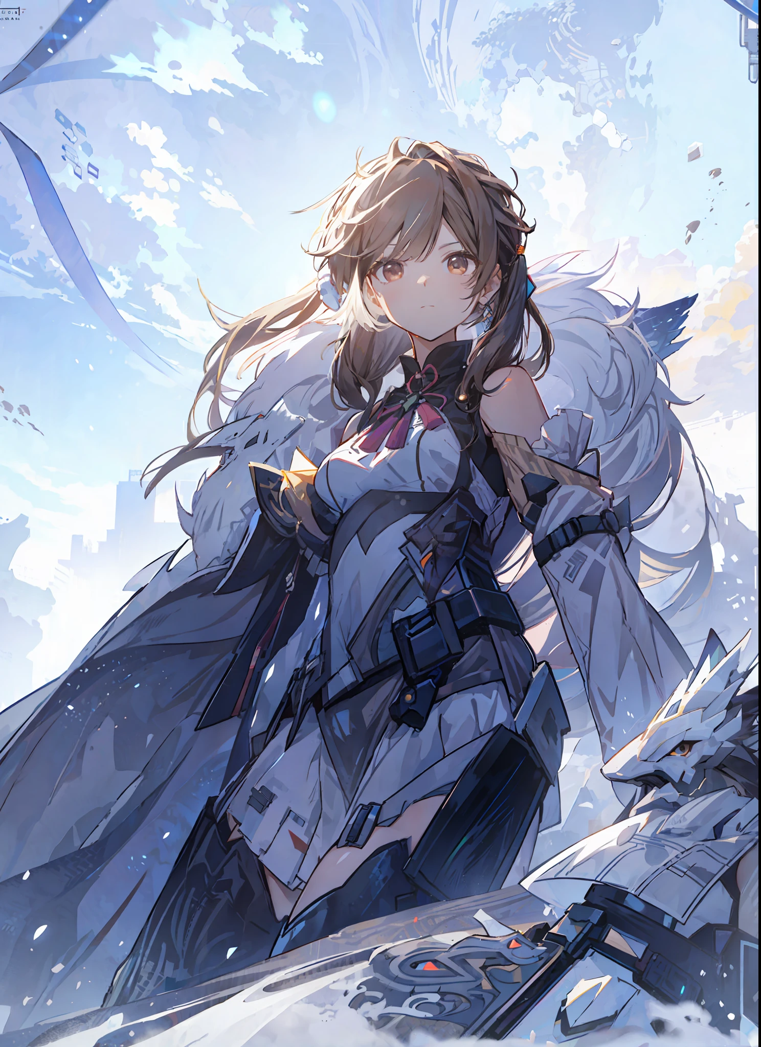 SushangV4, dark brown hair, long hair, pigtail, hair ornament, high quality fanart, focus on face and expressions, bare shoulders, Chinese clothes, shaggy hair, powerful, long boots, powerful look, snow, clouds
