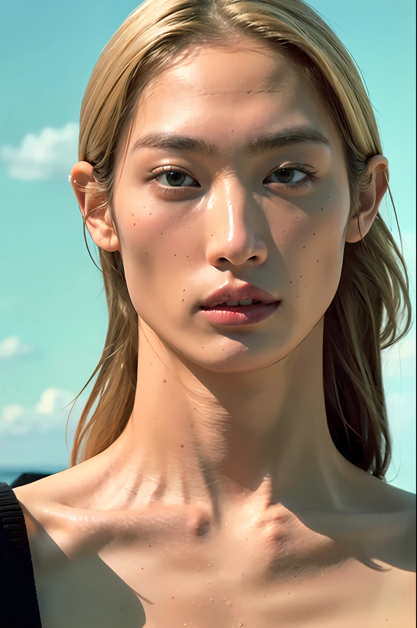Photorealistic portrait of a young man with delicate Korean face blond green eye.long hair. ((man with blonde hair and green eyes)).shirtless with long blonde hair, bathing in a bathroom, a Renaissance film still in the style of Zack Snyder, winner of the tumblr contest, hurufiyya, Renaissance painting, male, still film, candles in the background, candlelight, cinematic lighting. photography, detailed symmetrical realistic face, extremely detailed natural texture, peach fuzz, long hair, masterpiece, absurdists, nikon d850 film stock photography, kodak portra 400 camera f1.6 lens, extremely detailed, amazing, fine details, hyper realistic texture, dramatic lighting, unrealengine, trend in artstation, cinestill 800 tungsten, looking at the viewer, realistic photo, RAW photo, TanvirTamim, high quality, Highres, sharp focus, extremely detailed, cinematic lighting, 8K UHD, -imagine