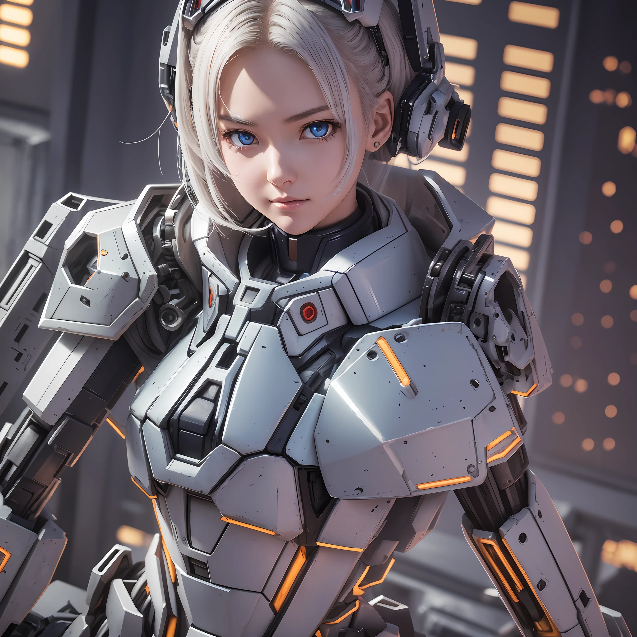 1 Gundam Girl, (Ultra-realistic detail)), portrait, global illumination, shadows, octane rendering, 8K, ultra-sharp, metal, intricate ornament details, cold colors, very intricate details, realistic light, CGSoation trends, glowing eyes, facing the camera, neon details, mechanical limbs, mechanical vertebrae attached to the back, Mechanical neck attachment --auto --s2