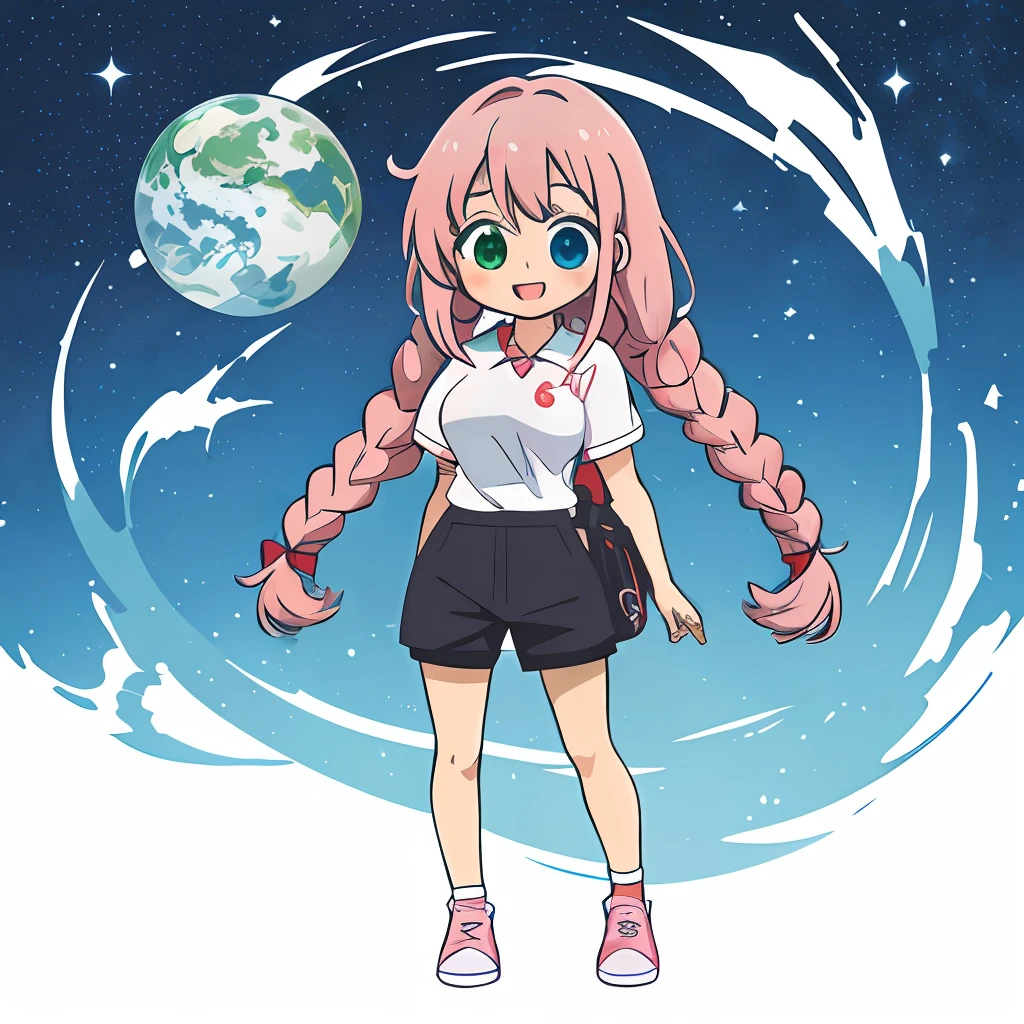 Anime illustrations in the style of "Kyoto Animation", highest quality, (cute: 1.1), (kawaii:1.5), (high resolution: 1.2), incredibly ridiculous: 1.3, incredibly fine illustrations, break ,1 beautiful girl, Solo, (heterochromia, light blue eyes and light green eyes), silhouette of star eyes, solo, standing figure, happy, :d, princess eyes, big breasts, break, braid, light pink hair, semi-long hair, red ribbon at the end of braid,break, (red short-sleeved polo shirt and black tight long pants, long heat tech inner shirt: 1.5) sneaker,break, standing, Angle from the front, break,vtuber,front angles,full body,(chibi:1.2)
