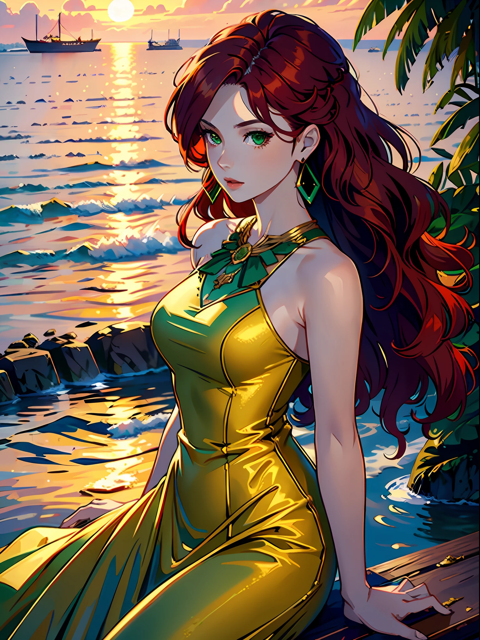 (best quality, masterpiece), portrait, 1 girl, solo, (red hair, long wavy), (emerald eyes), gold earrings, elegant necklace, (long party dress) (sunset background)