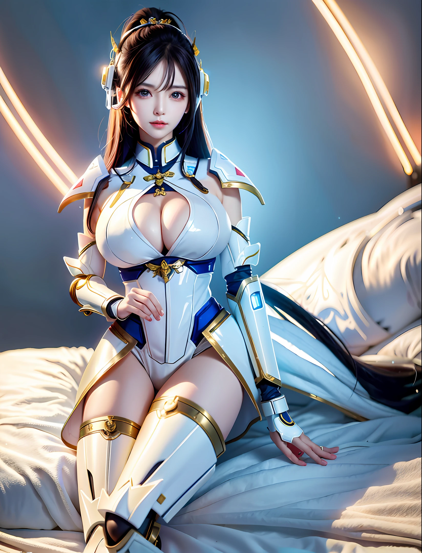 (Best Quality, 8k, 32k, Masterpiece, UHD:1.3), (Photo of Attractive Japanese Woman), 1 Girl, ((Big Boobs:1.4)), (long wavy hair), Abs, Perfect Body, Ultra Detailed Face, Detailed Lips, Fine Eyes, double eyelids, pajamas, on the bed, (seductive), ((aroused:1.5)), ((areolae slip)), ((in heat)), ((milf)) sexy girl, busty, beautiful asian girl, gorgeous chinese model, jaw-dropping beauty, girl in mecha cyber armor, ferra white mecha, female mecha, mechanized valkyrie girl, beutiful white girl cyborg, armor girl, clothed in sci-fi military armor, scifi woman, in white futuristic armor, mechanized soldier girl, huge cleavage