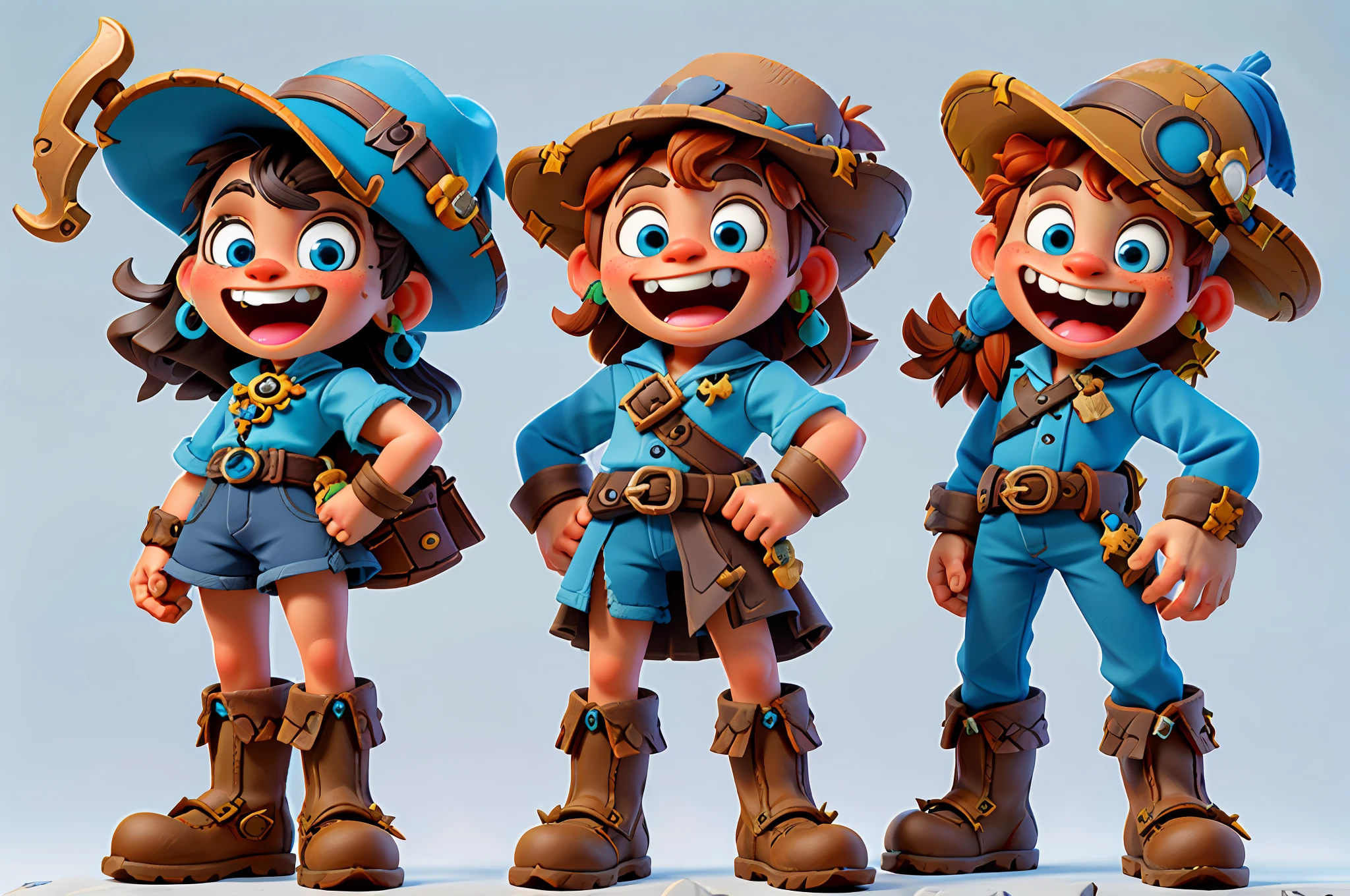 Portrait of a 2d character, a pirate girl, short curly hair, blue eyes, blue pirate hat with a skull, wearing brown boots, ultra-detailed, front view, ((face with happy expression)), (walking), (((children's style)), white background, comic drawing , ((children's book style)), white background -- v6 quality --2