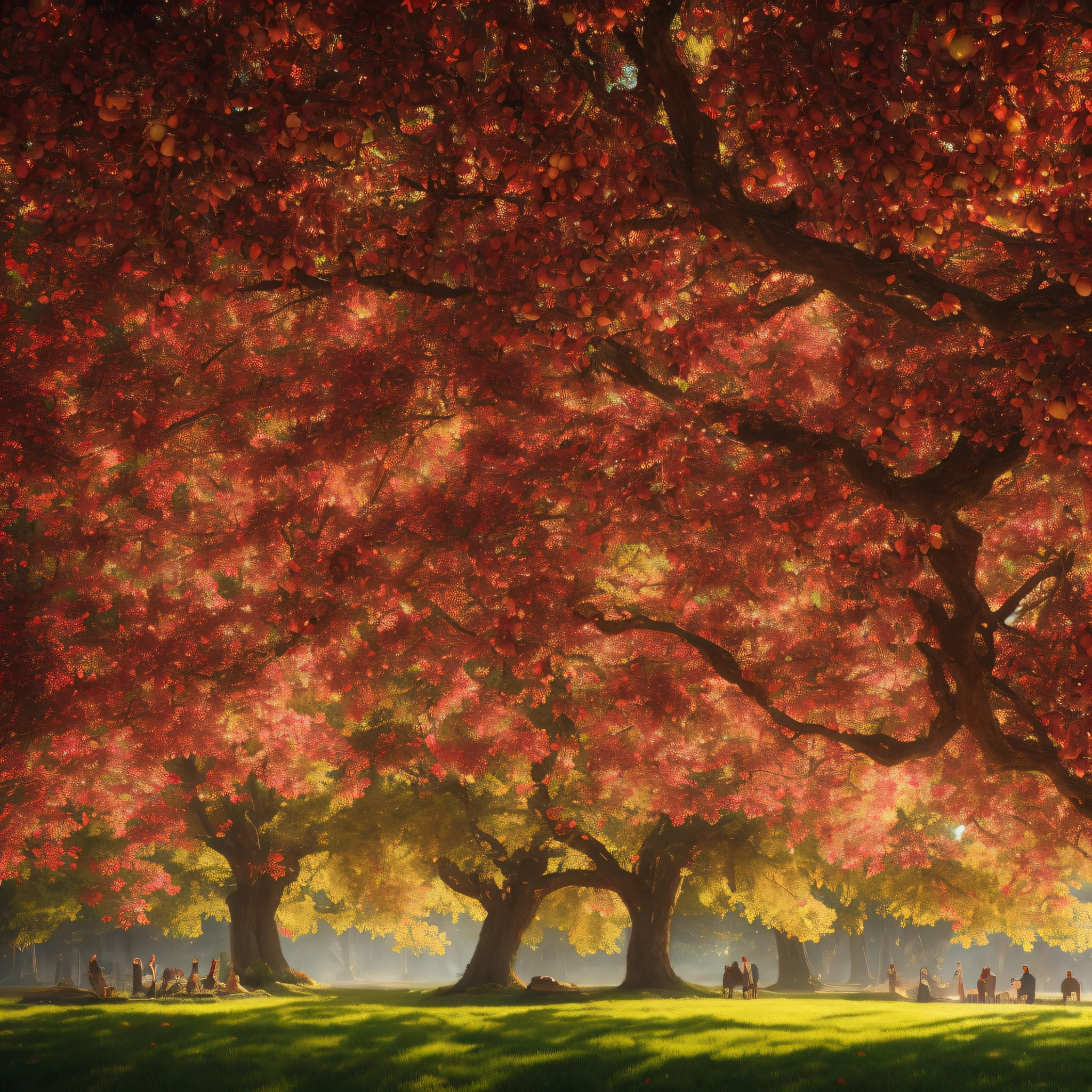 large resplendent tree, laden with apples, with a large canopy making shade, with people under its shade eating its fruits, beautiful cinematic lighting, Style Fantasy 8k Octane Rendering, beautiful cinematic lighting, warm cinematic lighting, bright cinematic key lighting, cinematic backlighting, (octane render) fantasy style, great cinematic lighting, cinematic lighting, beautiful cinematic lighting and Film