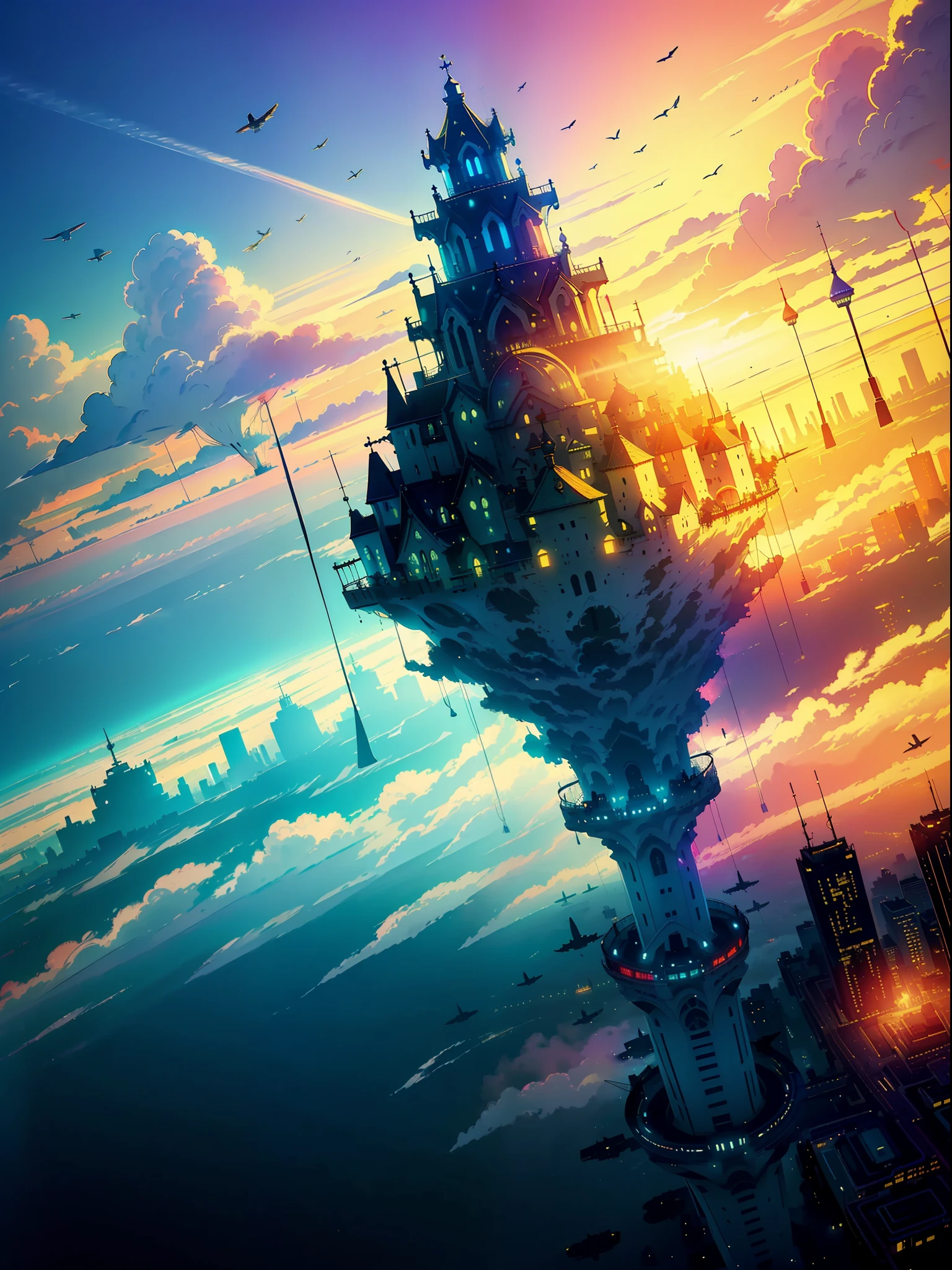((🎈 City in the Sky composed of flying angels)), quality of artwork, rendering of particles, ({vivid} high saturation), ({floating} suspended), ({water} water surface) scenes, under ({ sunlight}), ( 🌊 🌫️ { fog 🌈 ☀️ 🔮} fog) surrounded by extremely distant perspectives. --v6
