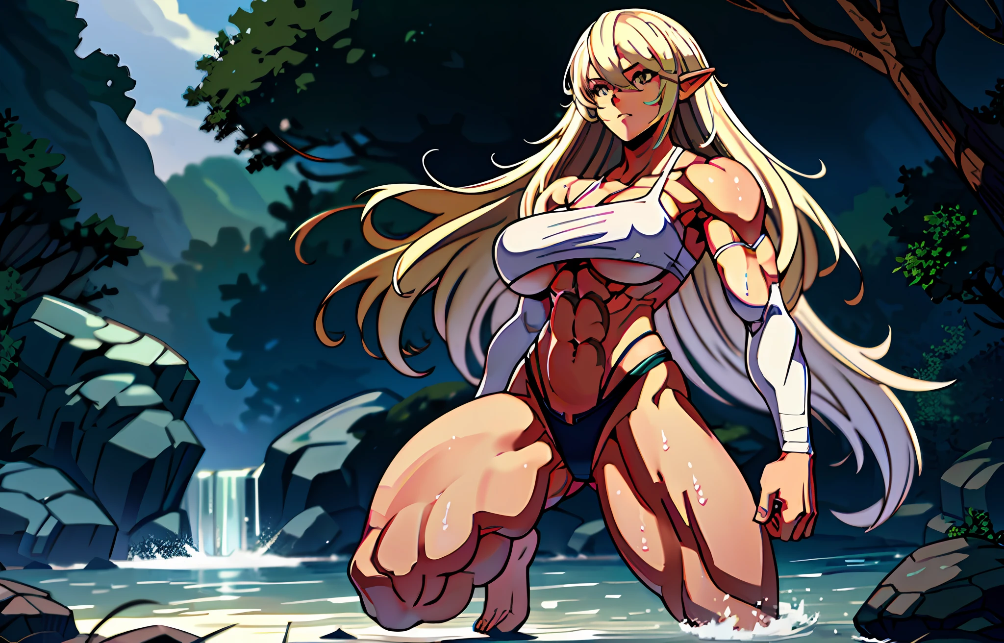 1 girl, beautiful, perfect lighting, muscular, thick thighs, mature woman, milf, navel, abdomen, (masterpiece, high quality: 1.1), anime waifu bodybuilder, beautiful face, debatalho face, extremely detailed eyes, knight character, green eyes, perfect body, fit body, looking at the sword, character holding a sword, abdomen, large breasts, muscular, ((hair) long and blonde), sarashi white breast, sarashi,  underboob, breasts bandages, arm bandages (insanely detailed, beautiful detailed face, masterpiece, best quality), (looking disgusted), konosuba, character A2, (white and torn bandages on the arms and legs), image taken from above, camera away, image with focus on the sword, high quality, white light clothes, sweat splattering, character on guard with sword, knight's pose, sword with sharp blade with brightness,  clear picture, blue background, forest landscape, detailed image without errors, Elf, Konosuba, Nanatsu no taizai