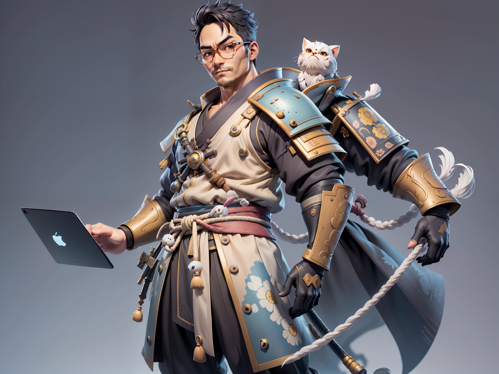 (Masterpiece), (Excellent), (Super Meticulous), (Full Body: 1.2), Super Young Man, Oriental Face, Japanese Samurai, Japanese Samurai Armour, Yunlong, TV Anchor, Bust Portrait Illustration, Alone, Black Suit, Blue Tie, Silver Glasses, Slightly Chubby Face, Very Clean Face, No Beard, Black Super Short Hair, Black Eyes, Confident Smile, 3c Computer Sub-Products, iPad, iPhone, Digital Painting, 3D Character Design by Mark Claireden and Pixar and Hayao Miyazaki, The illustration is a high-definition illustration in 4K resolution with very detailed facial features and cartoon-style visuals.