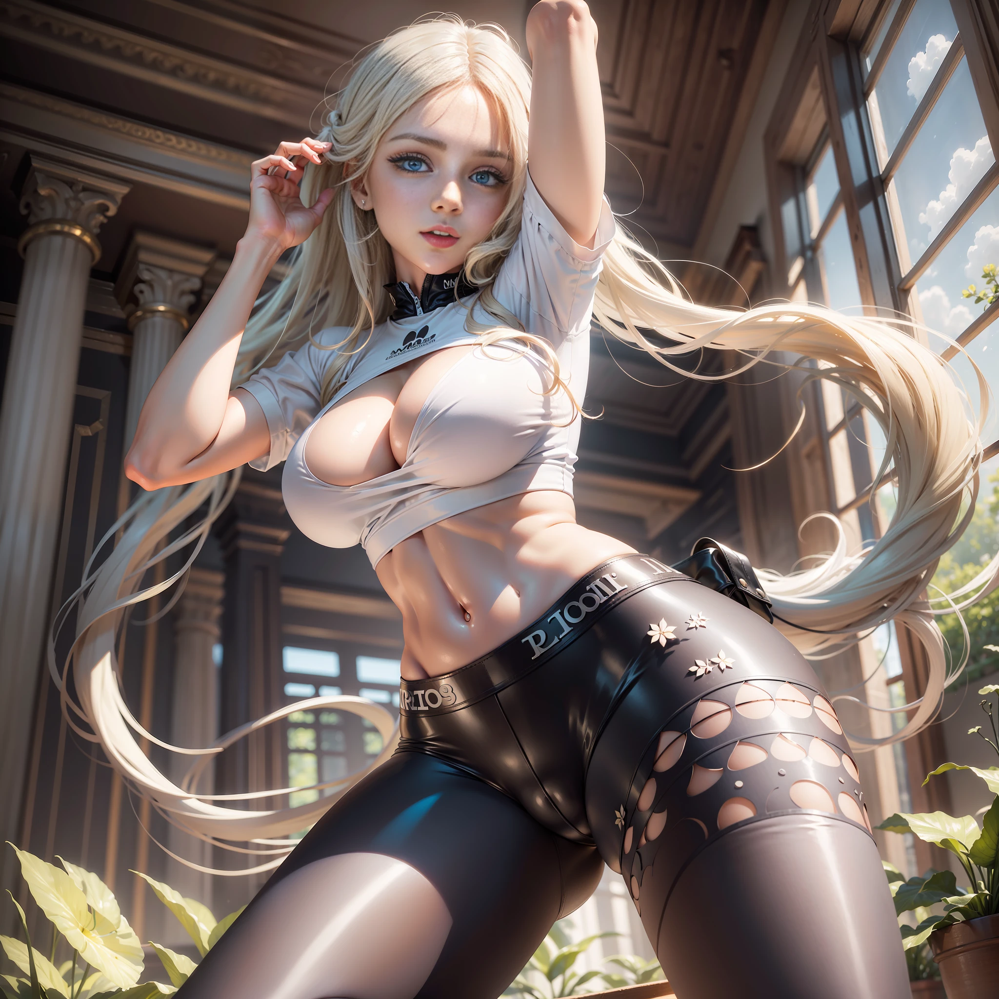 (hyperrealistic), (illustration), (high resolution), (8K), (extremely detailed), (best illustration), (beautiful detailed eyes), (best quality), (ultra-detailed), (masterpiece), (wallpaper), (detailed face), solo 1 girl, white wavy hair, korean, heterochromic eyes, small moles under the eyes, loose white shirt, yoga pants, big breasts, long legs, tight abs, camel toes, dynamic pose
