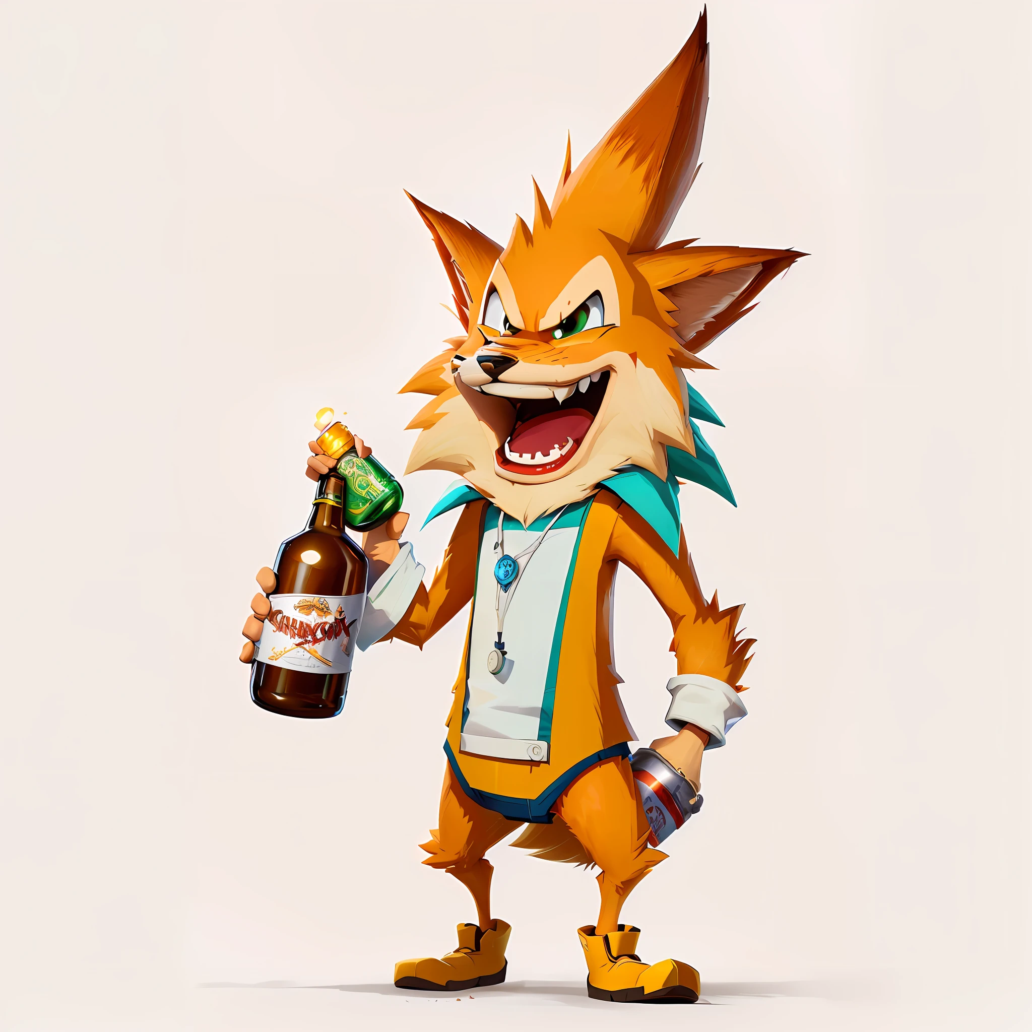 cartoon cat holding a bottle of beer and a bottle of beer, crash bandicoot artstyle, tonic the fox, crash bandicoot, fox mccloud, merged character, official character art, an anthropomorphic fox, foxish guy in a lab coat, official character illustration, an anthropomorphic cyberpunk fox, anthropomorphic fox