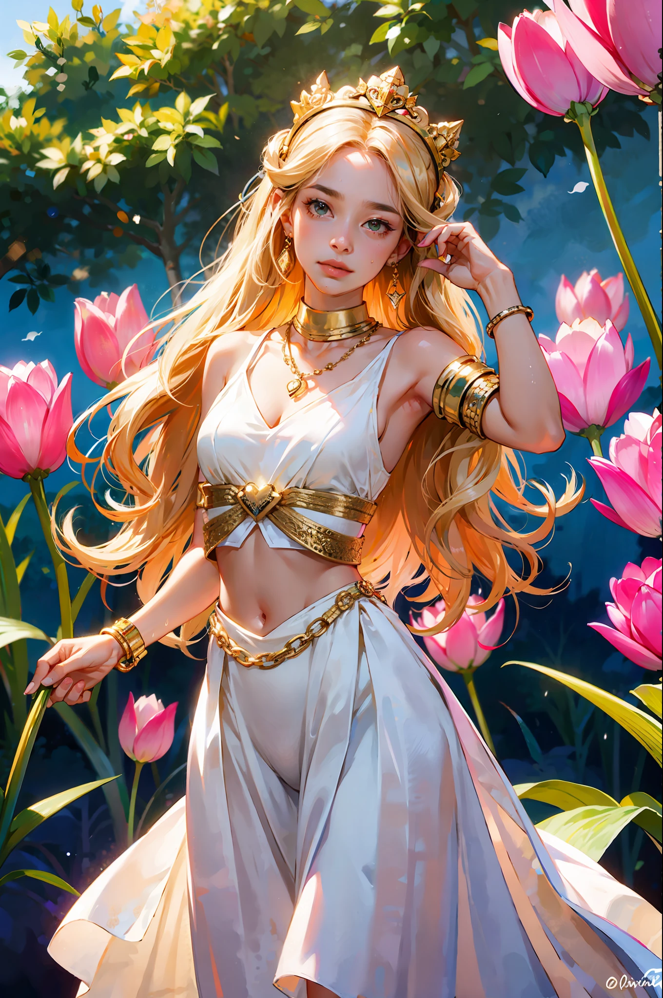 Ultra clear, masterpiece, super-detailed, 1girl, pink tulip in hand, large tulip garden behind it, warm tones, facing the audience, pastoral costumes, white and yellow costumes, neck rings, armbands, bracelets, (hair accessories: 1.1), navel rings, (chain: 1.1), (gold: 1.3), (gold decorations: 1.2), rose, sweat,