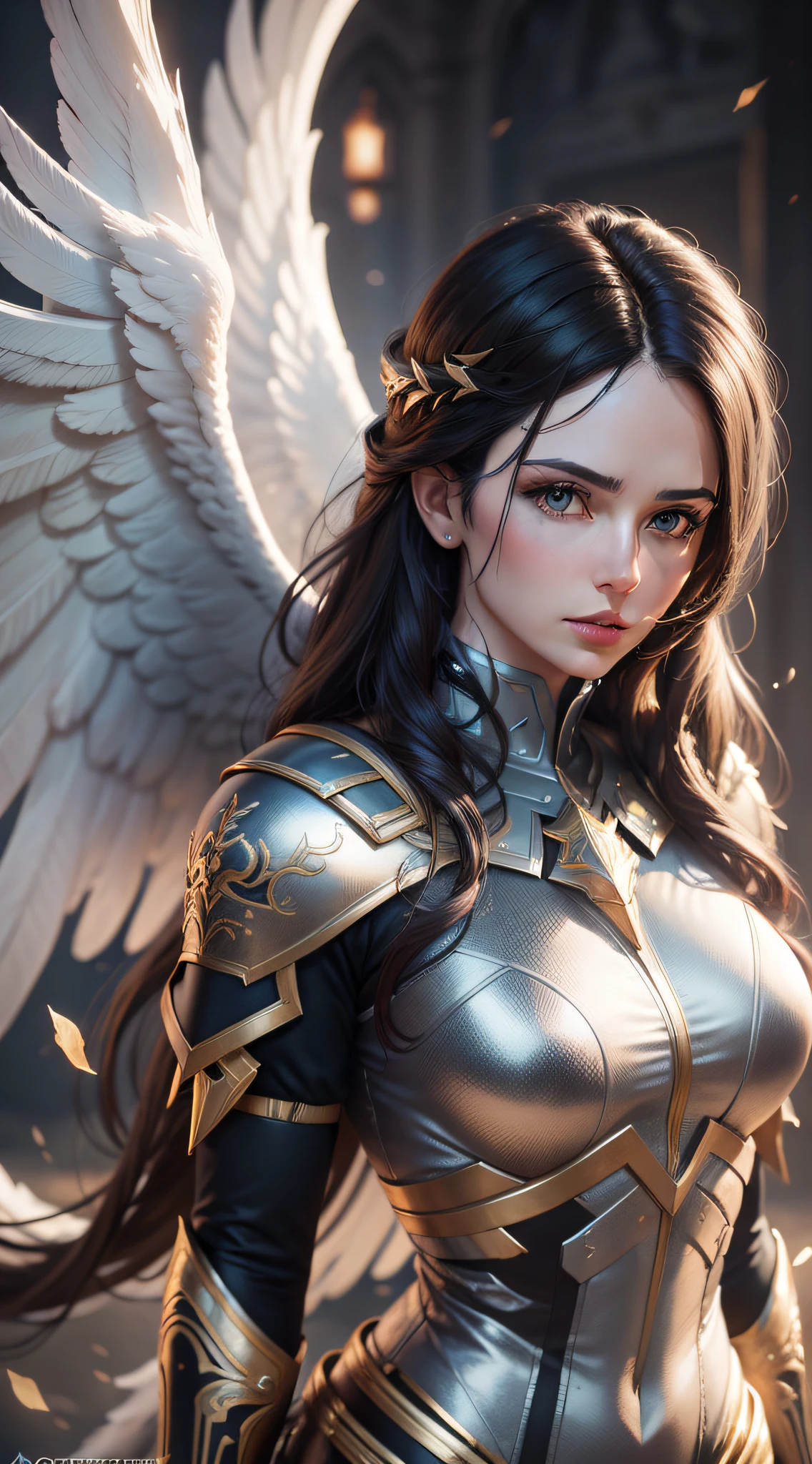 Create a guardian angel, dark hair, super detail-oriented, realistic, cinematic style, 8k resolution, best quality, epic, majestic, photorealistic
