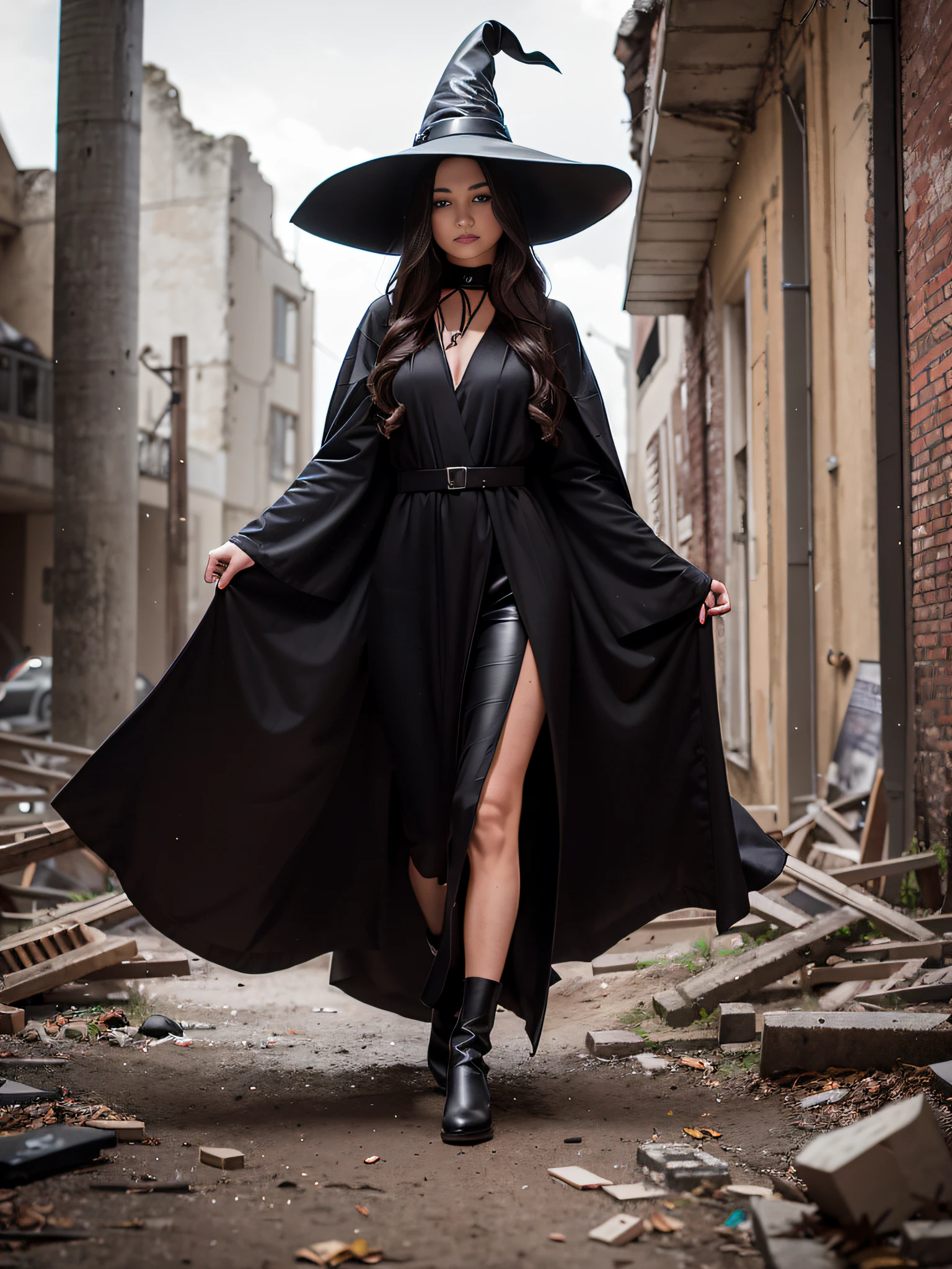 RAW photo, one person, full body black robe, skin invisible, red eyes, full body photo of 25 year old woman, pointing, wavy brown hair, long hair, witch hat, white skin, slender body, urban ruins background, (highly detailed skin: 1.2), 8k UHD, DSLR, soft lighting, high quality, film particles, fujifilm XT3