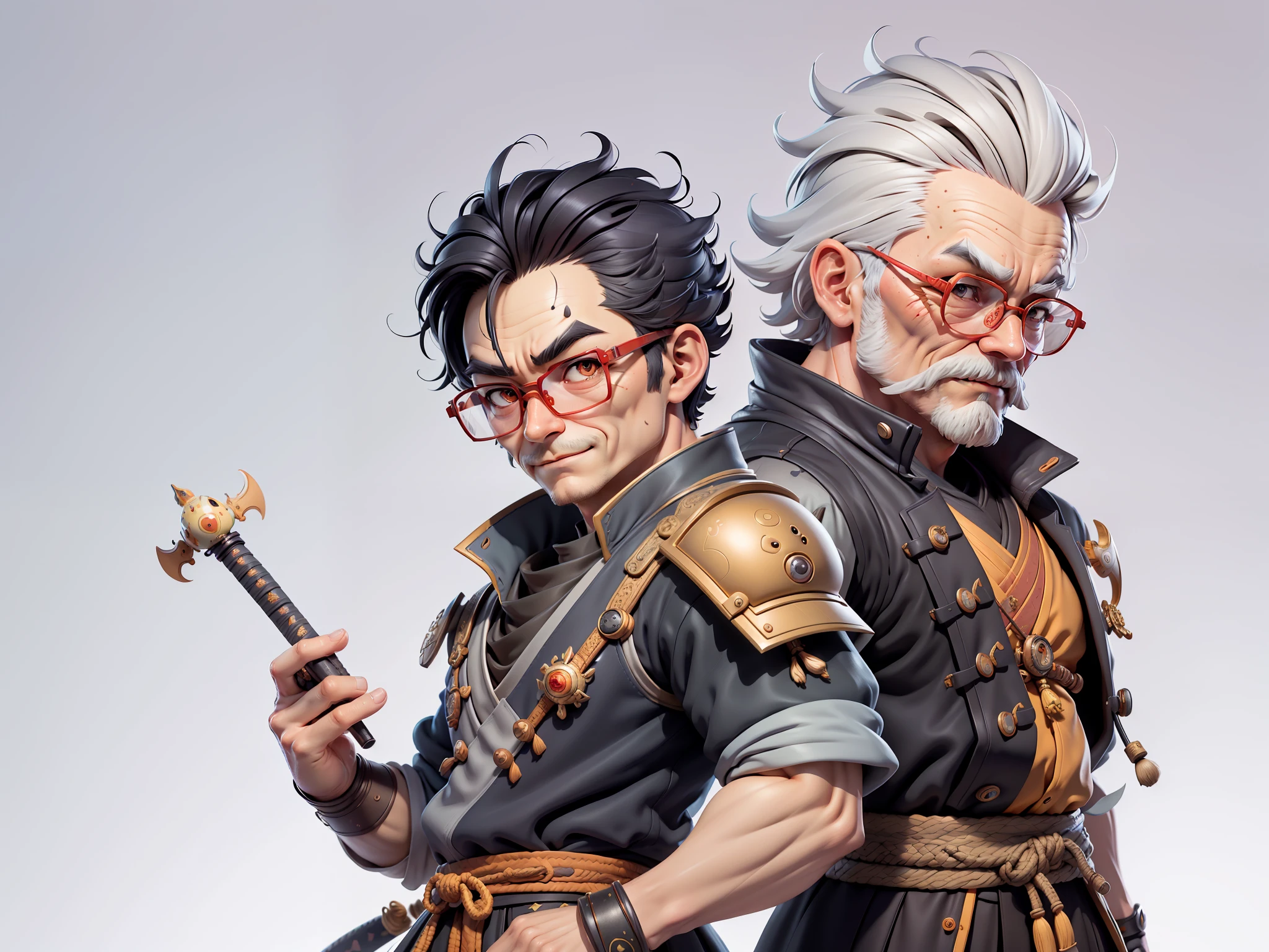 (Masterpiece), (Extreme Quality), (Super Detailed), (Full Body: 1.2), Super Young Man, Oriental Face, Japanese Samurai Armor, Dragon, TV Anchor, Bust Portrait Illustration, Alone, Black Suit, Red Tie, Silver Glasses, Slightly Chubby Face, Very Clean Face, No Beard, Black Super Short Hair, Black Eyes, Confident Smile, 3c Computer Sub-Products, iPad, iPhone, Digital Painting, 3D Character Design by Mark Claireldon and Pixar and Hayao Miyazaki, The illustration is a high-definition illustration in 4K resolution with very detailed facial features and cartoon-style visuals.