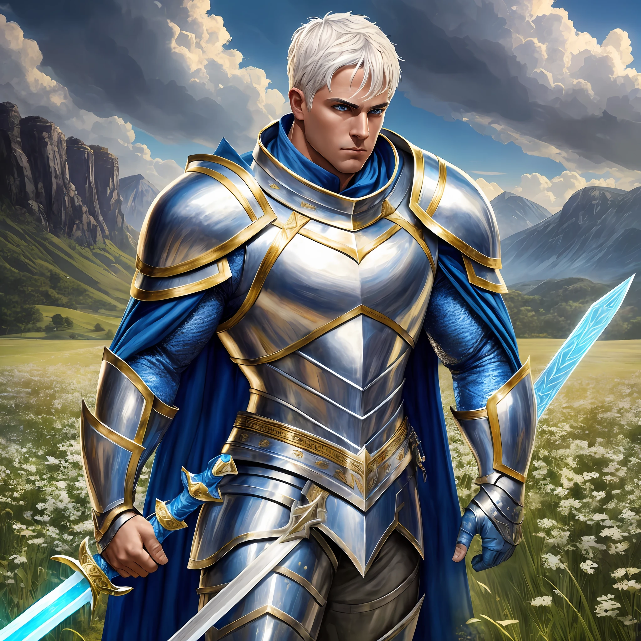 Young knight, Tall, Swole,muscular, bright eyes, short white hair shaved, powerful, wearing a silver and blue armor, with a blue cape, standing in a field, holding a large shiny gold sword, Realistic, Full HD, best quality