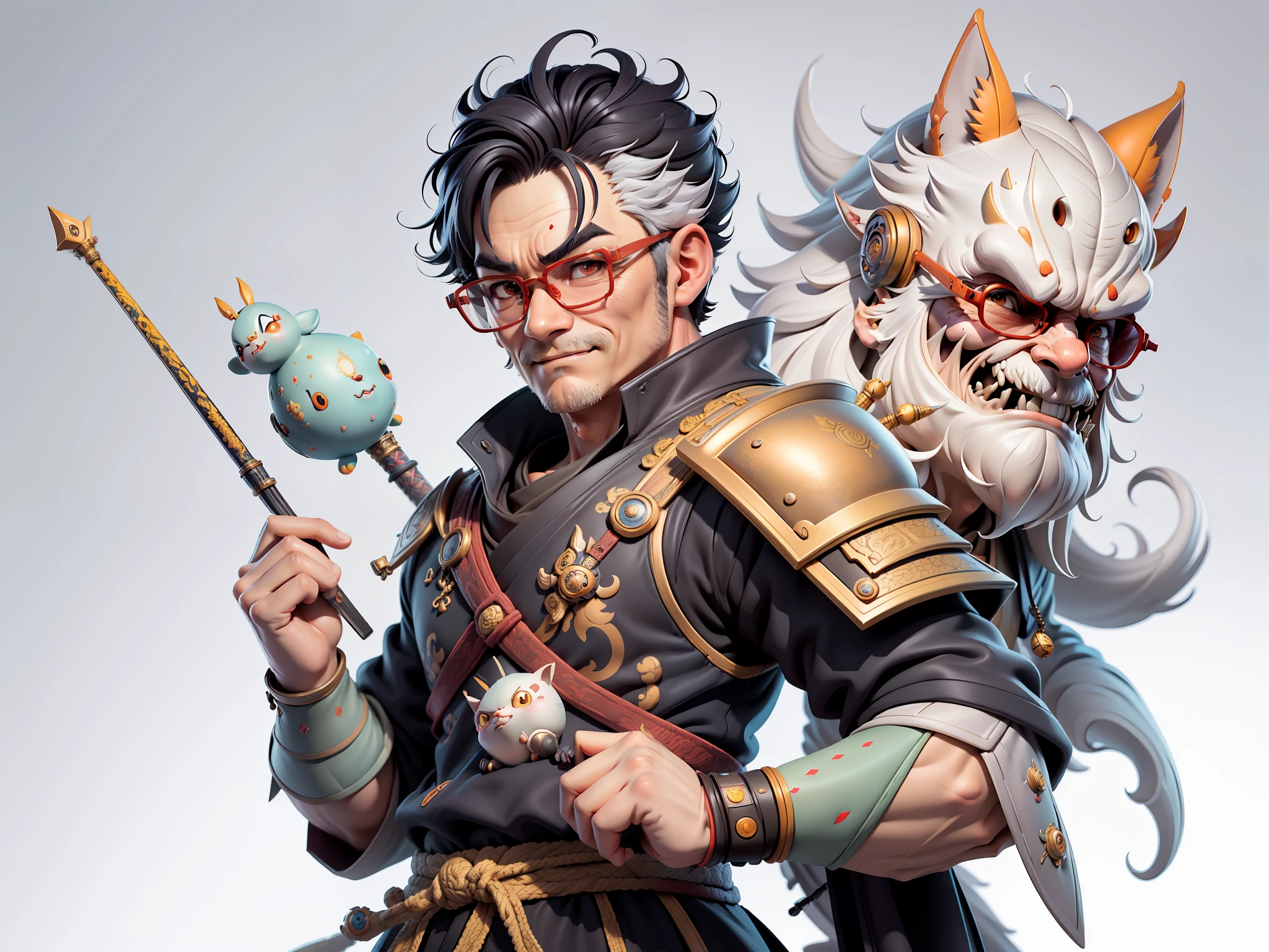 (Masterpiece), (Extreme Quality), (Super Detailed), (Full Body: 1.2), Super Young Man, Oriental Face, Japanese Samurai Armor, Dragon, TV Anchor, Bust Portrait Illustration, Alone, Black Suit, Red Tie, Silver Glasses, Slightly Chubby Face, Very Clean Face, No Beard, Black Super Short Hair, Black Eyes, Confident Smile, 3c Computer Sub-Products, iPad, iPhone, Digital Painting, 3D Character Design by Mark Claireldon and Pixar and Hayao Miyazaki, The illustration is a high-definition illustration in 4K resolution with very detailed facial features and cartoon-style visuals.