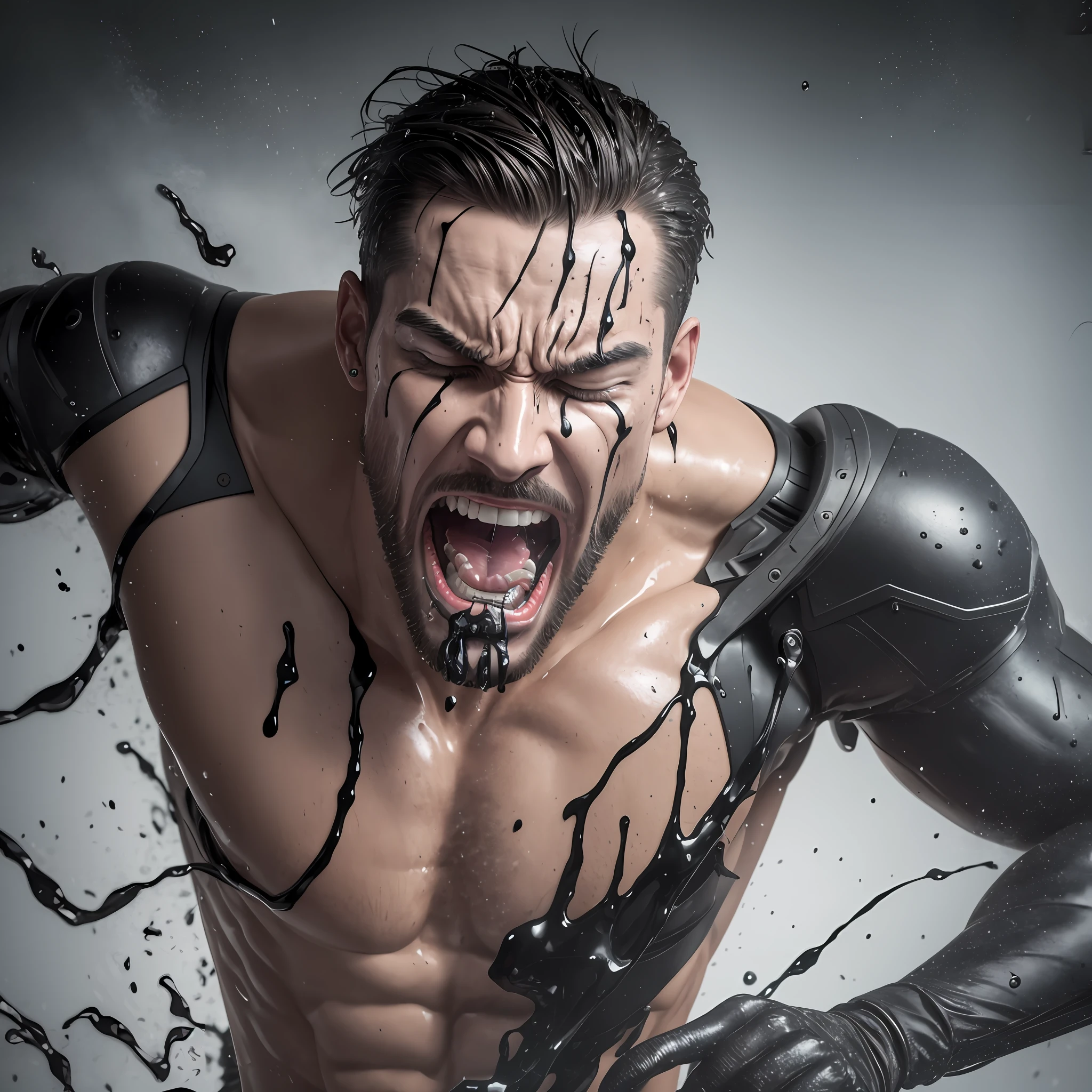 Photo 4k, man, porcelain sculpture breaking of screaming male cyborg, shocked, ((black oil drool)), sidelit, telephoto, studio light, sandy white floor, ((wet mist)), intricate details, real skin texture, 4k hd, --auto --s2