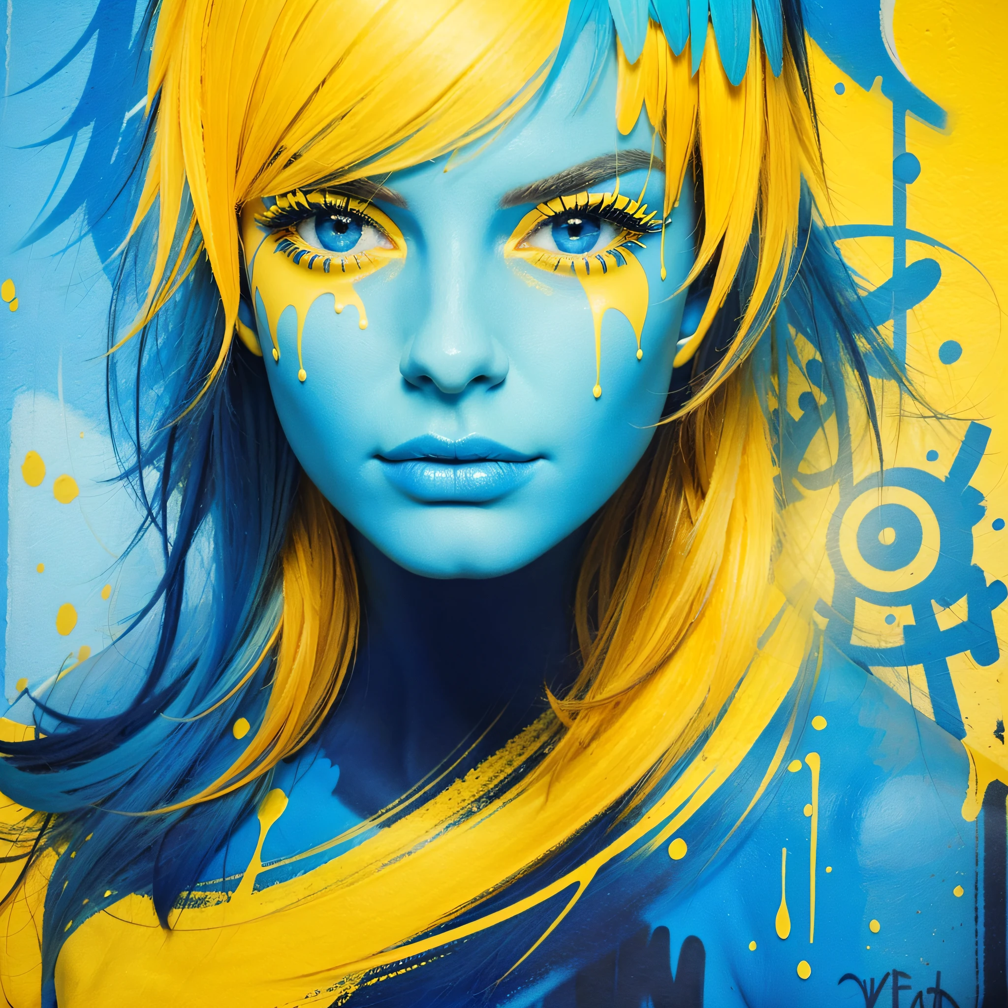 (masterpiece, best quality),photo, a beautiful woman, portrait, blue make-up, upper body, looking at viewer, clear eyes, defined eyes, photorealistic, punk, cd cover art, (((blue and yellow))) , portrait , blue background , yellow splashes ,graffiti,