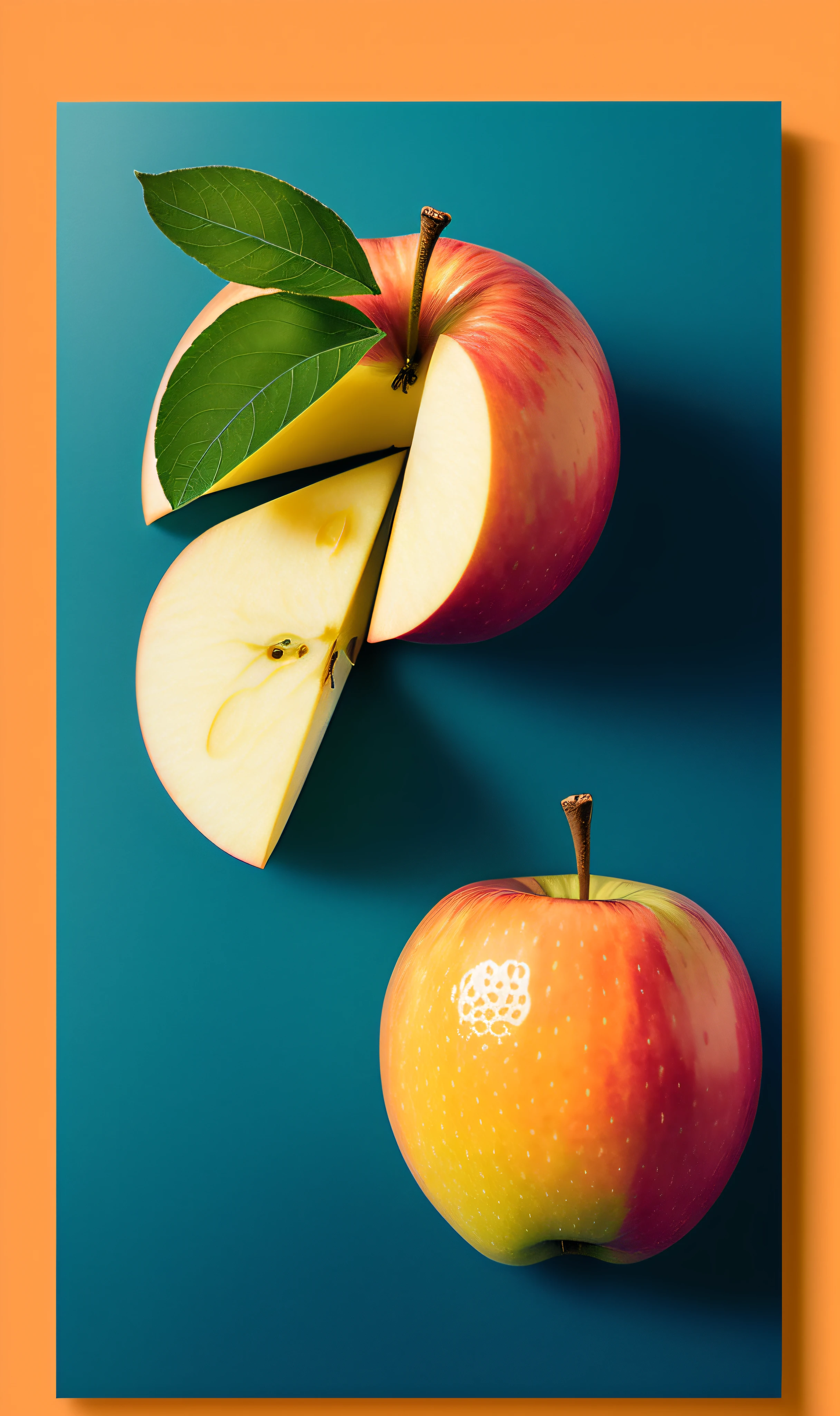 a half eaten apple sitting on top of an orange background, apples, photorealistic print of exotic, crisp detailed 3 d render, rendered in corona, print advertising, pinterest keyshot product render, photorealistic detailed picture, keyshot product render, commercial product photography, product image, photorealistic illustration, keyshot product render pinterest, cory behance hd, styled food photography