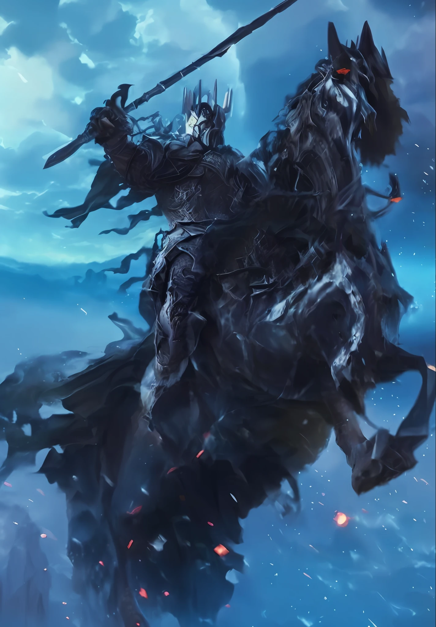 Um close up de uma pessoa em um cavalo(1cavalo) com uma espada, Deathknight, Lich King, Wraiths Riding in the Sky, The Lich King, Undead Knight, The Allfather, The Witcher concept art, Death Knight, Epic Fantasy Art Style, Nazgul, Lich Vecna (D&D), Epic Fantasy Digital Art Style, Epic Fantasy Illustration