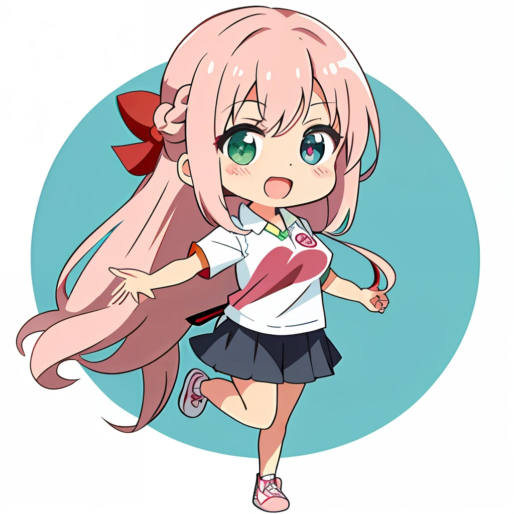Anime illustrations in the style of "Kyoto Animation", highest quality, (cute: 1.1), (kawaii:1.5), (high resolution: 1.2), incredibly ridiculous: 1.3, incredibly fine illustrations, break ,1 beautiful girl, Solo, (heterochromia, light blue eyes and light green eyes), silhouette of star eyes, solo, standing figure, happy, :d, princess eyes, big breasts, break, braid, light pink hair, semi-long hair, red ribbon at the end of braid,break, (red short-sleeved polo shirt and black tight long pants, long heat tech inner shirt: 1.5) sneaker,break, standing, Angle from the front, break,vtuber,front angles,full body,(chibi:1.2)