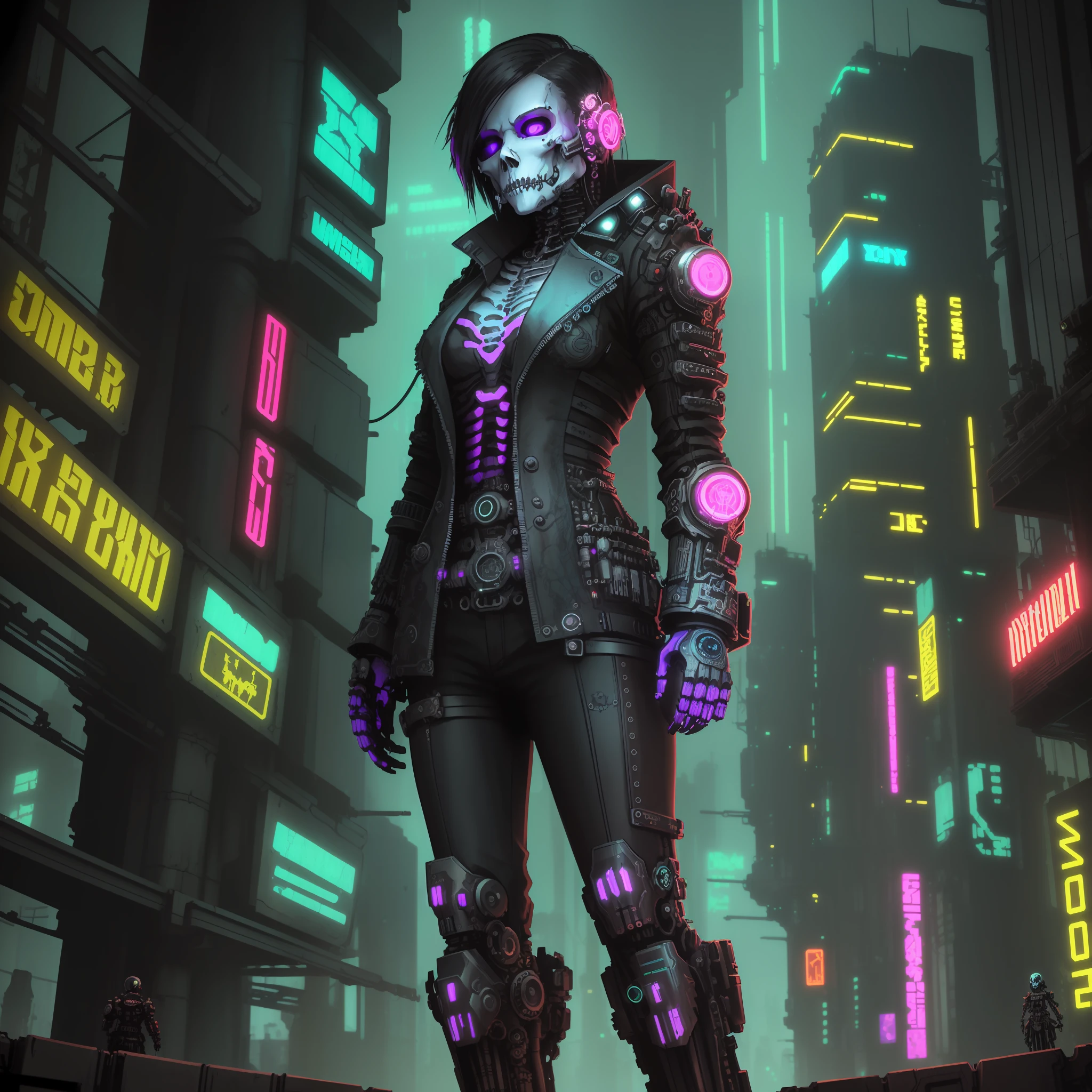 Death comes to everyone, (((a mixed style of Cyberpunk and Steampunk))), Vibrant Neon, (((Ultra detailed))), Cloudy Night, Pale Blue Lights, Cybernetics, Somrbio, (((Skeletal Female Character)))), (cybernetic modifications), (steam engines). --auto --s2