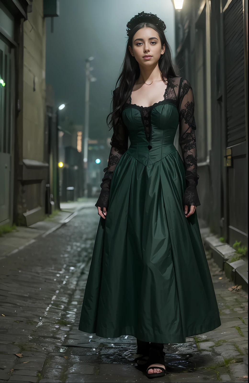 ((artistic photography)))dark green sensual Victorian dress,((night photography))Lauren Jauregui,((urban installation))full scale,((colloquial))happy and smiling.