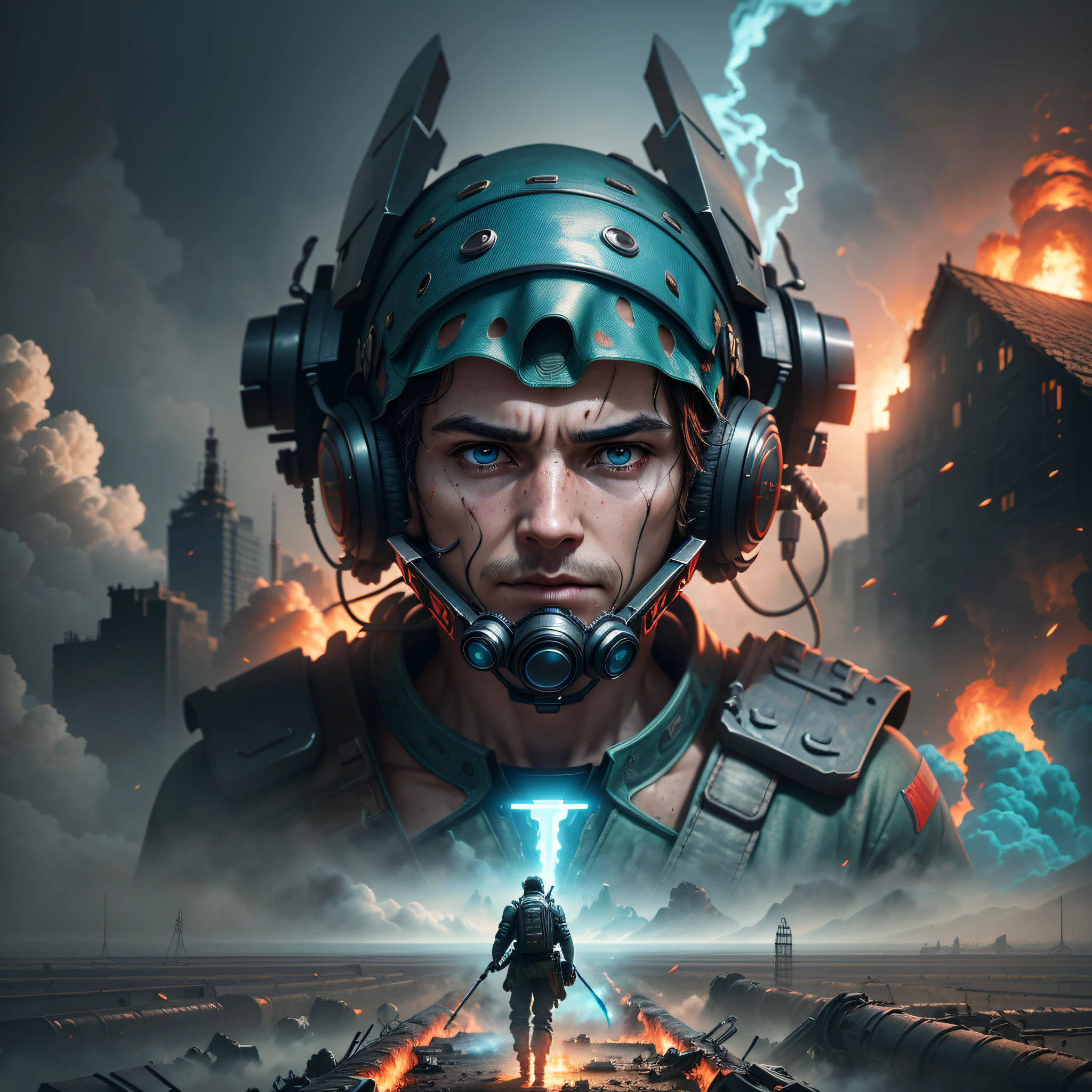 hero with cover, hyper realistic image, male focus, digital art of the highest quality, apocalyptic scenario, 4k, high resolution, detailed face, hyperdetailed, smoke, (8k), realistic, symmetrical, award-winning, film, sharp focus, teal and red hue, octane, unreal, poorly lit --auto --s2