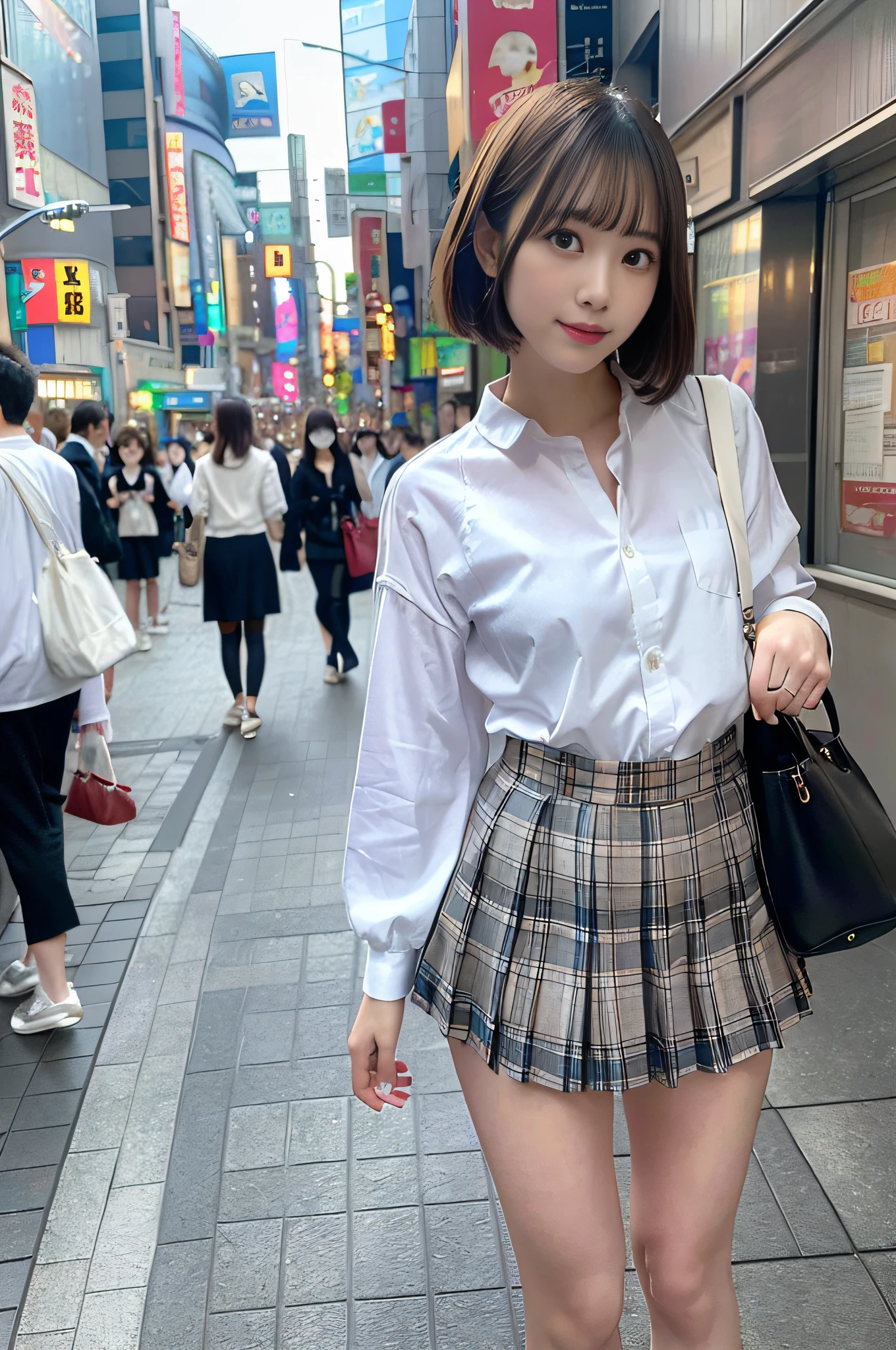 Ultra top quality, masterpiece, ultra high resolution, (photorealistic: 1.4), highly detailed CG Unity 8k wallpaper, detailed and complex, original, high resolution, raw photos, (perfect body shape), finely complex, DSLR, soft lighting, high quality, film grain, depth of field, Leica camera, 50mm lens, backlight, HDR, hyperrealistic, color grade, dynamic pose, portrait, Japan person, smile, lips, short hair, bangs, (crowded Akihabara: 1.2), front view viewer, natural light, girl, 20 years old, full body, solo, student, high school, uniform, sailor color, bobby socks, pleated skirt, daytime, street, deep shadow, cute, beauty, modest, cold light 12000K\\ street, store state, Akihabara, Shinjuku, Shibuya, Ikebukuro, detailed realism, skin texture, super detailed, realistic skin texture, (dramatic, award-winning photos, incredible masterpieces: 1.3)