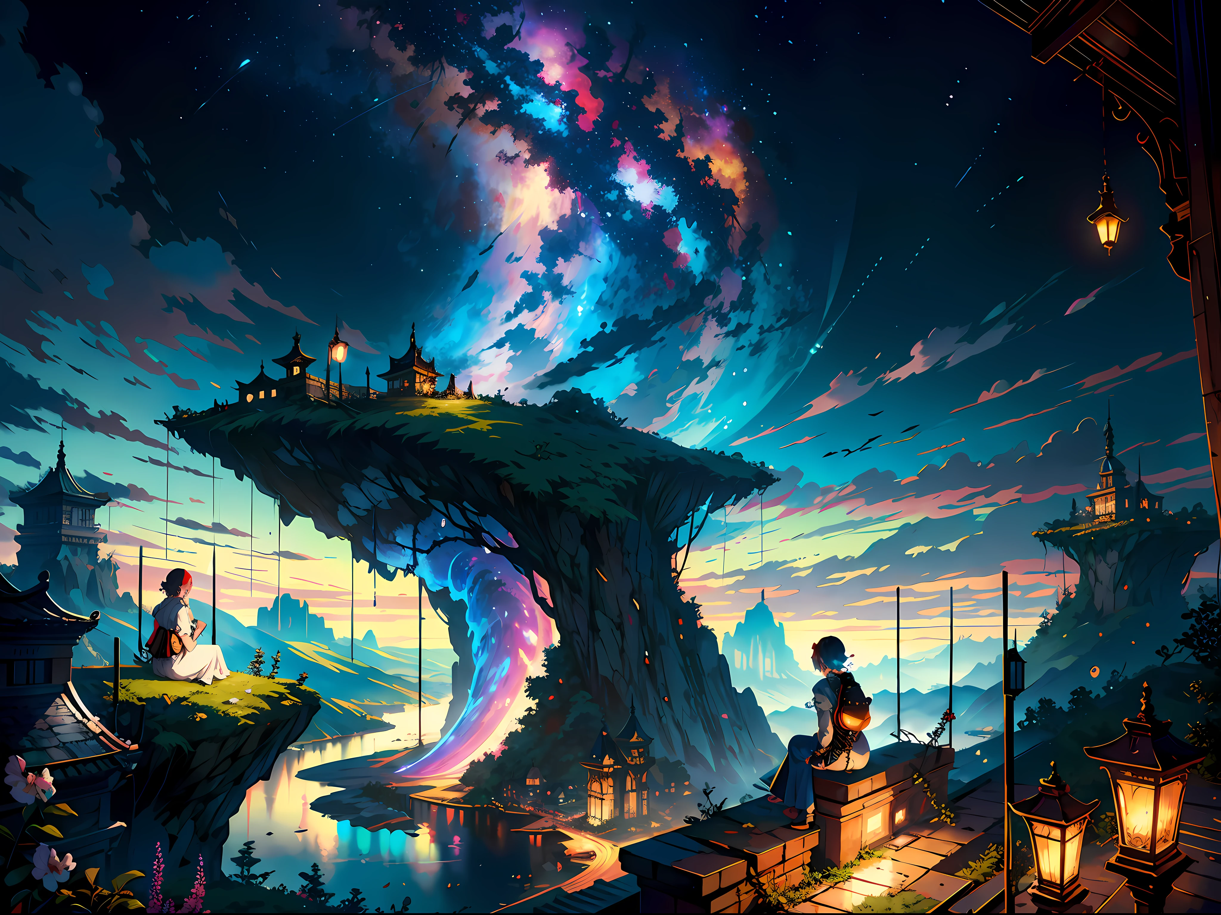 anime girl sitting on a ledge overlooking a city and a river, best anime 4k konachan wallpaper, 2. 5 d cgi anime fantasy artwork, intricate ornate anime cgi style,BREAK,Detailed,Realistic,4k highly detailed digital art,octane render, bioluminescent, BREAK 8K resolution concept art, realism,by Mappa studios,masterpiece,best quality,official art,illustration,ligne claire,(cool_color),perfect composition,absurdres, fantasy,focused,rule of thirds