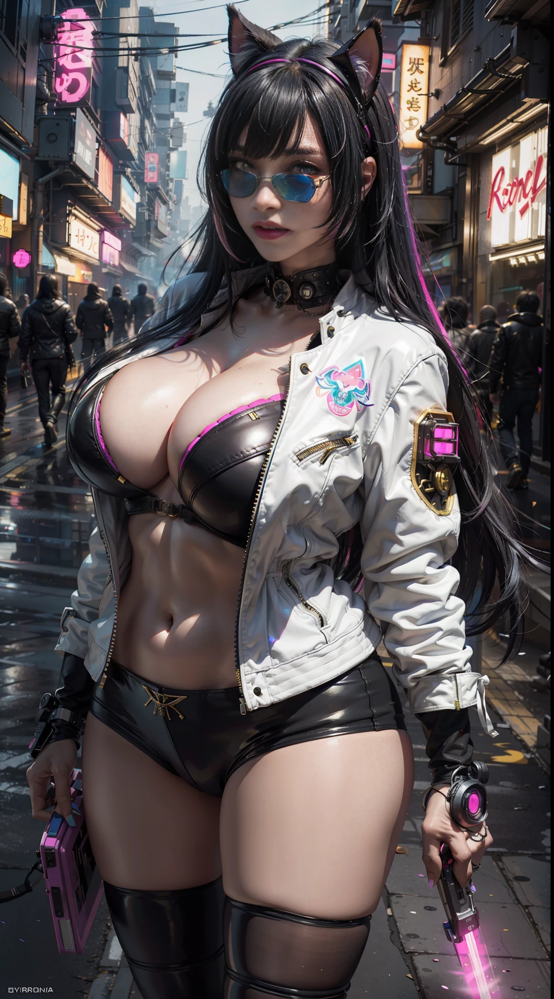 hyperrealistic close up portrait photograph of laughing cyberpunk ebony nekomata catgirl in a crowded Japanese street, large breasts, chubby, wearing white leather jacket and armor, fringe cut and bangs rainbow hairstyle, insane details, detailed designs, glowing colorful circuitry, colorful neon trim, cinematic lighting, rim lighting, f/2.8, art by H.R. Giger, Greg Rutowski