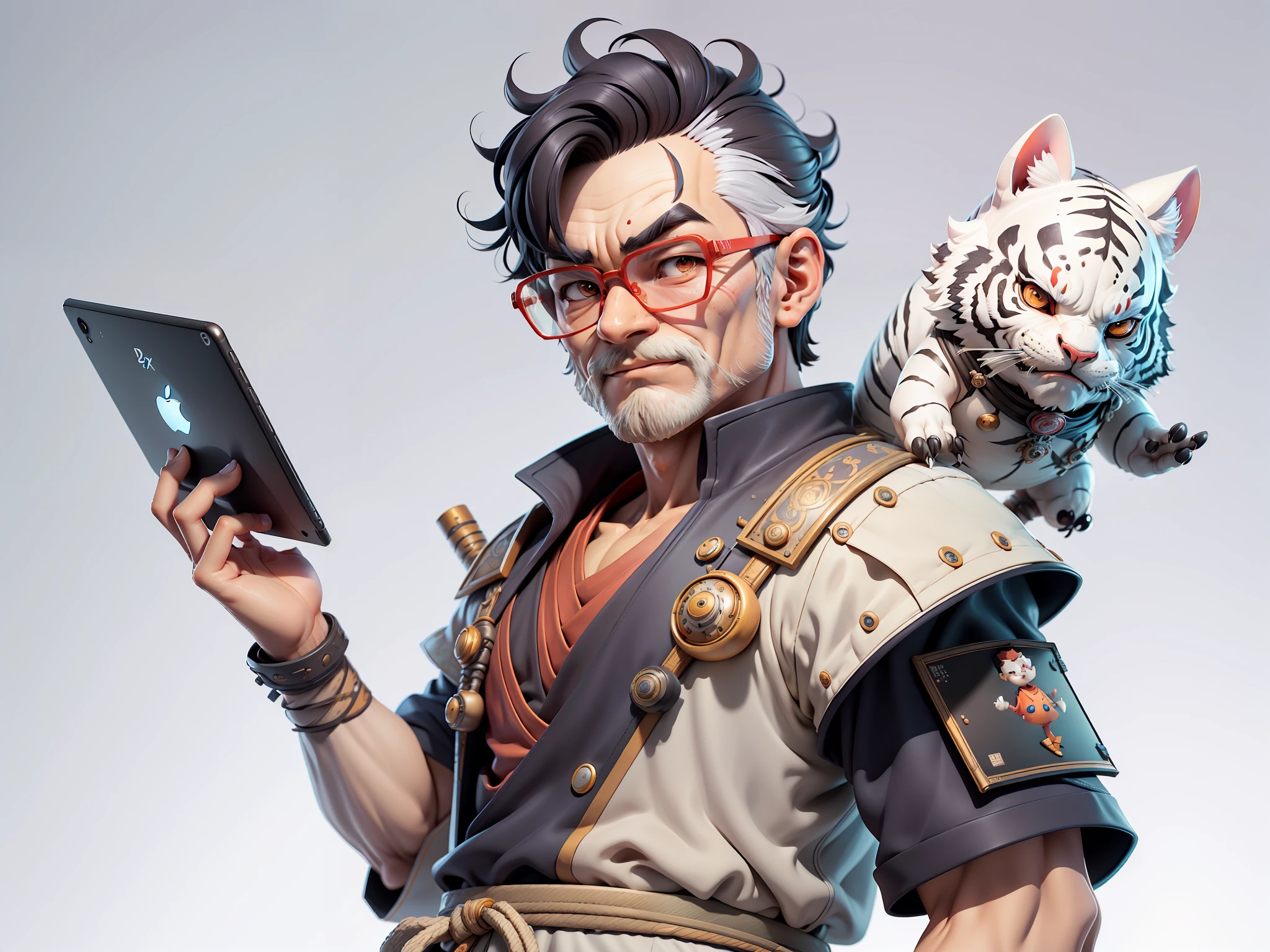 (Masterpiece), (Excellent), (Super Meticulous), (Full Body: 1.2), Super Young Man, Oriental Face, Japanese Samurai Armor, White Tiger, TV Anchor, Bust Portrait Illustration, Alone, Black Suit, Red Tie, Silver Glasses, Slightly Chubby Face, Very Clean Face, No Beard, Black Super Short Hair, Black Eyes, Confident Smile, 3c Computer Sub-Products, iPad, iPhone, Digital Painting, 3D Character Design by Mark Clairenden and Pixar and Hayao Miyazaki, The illustration is a high-definition illustration in 4K resolution with very detailed facial features and cartoon-style visuals.
