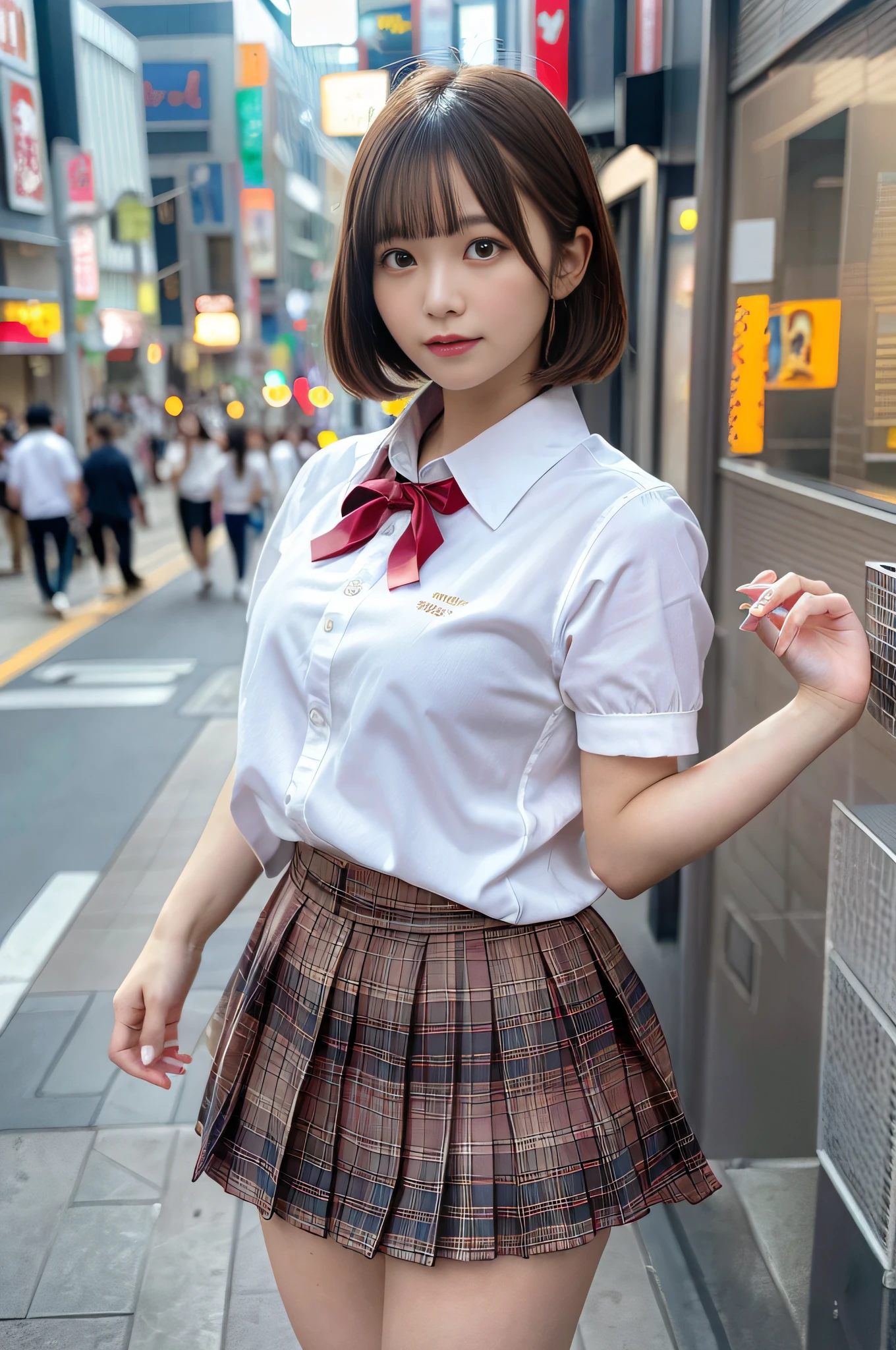 Ultra top quality, masterpiece, ultra high resolution, (photorealistic: 1.4), highly detailed CG Unity 8k wallpaper, detailed and complex, original, high resolution, raw photos, (perfect body shape), finely complex, DSLR, soft lighting, high quality, film grain, depth of field, Leica camera, 50mm lens, backlight, HDR, hyperrealistic, color grade, dynamic pose, portrait, Japan person, smile, lips, short hair, bangs, (crowded Akihabara: 1.2), front view viewer, natural light, girl, 20 years old, full body, solo, student, high school, uniform, sailor color, bobby socks, pleated skirt, daytime, street, deep shadow, cute, beauty, modest, cold light 12000K\\ street, store state, Akihabara, Shinjuku, Shibuya, Ikebukuro, detailed realism, skin texture, super detailed, realistic skin texture, (dramatic, award-winning photos, incredible masterpieces: 1.3)