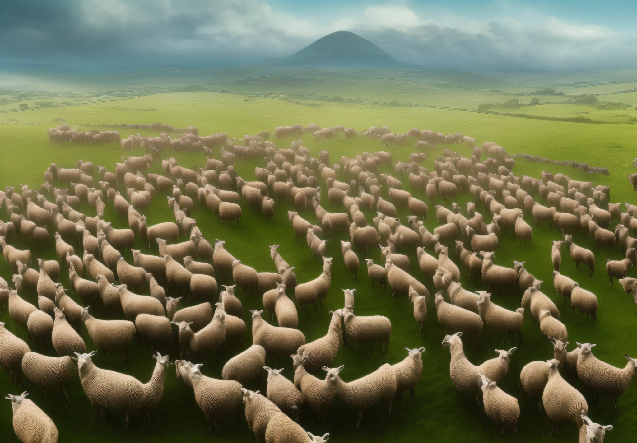 Best quality, realistic, award-winning illustration, (complicated detail: 1.2), (fine detail), (complicated detail), (cinematic lights, best quality), sharp lines, sharp focus, official art, 16k, overcast sky, bucolic landscape, one eye on the horizon, over the flock of sheep. AN EYE ON THE HORIZON LOOKING AT THE SHEEP