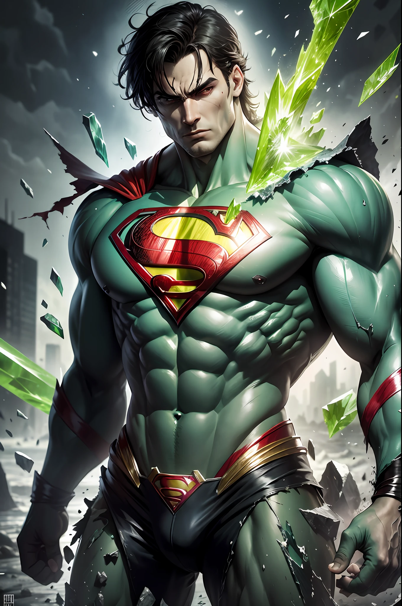 Create the super strong superman with his torn clothes being Kryptonite with bits of his crystallized body Extremely strong green with angry expression on his face --S2 him inside a Swamp in place Dark background and coming out pieces of crystals from his body in the shape of Kryptonite Ultra reality small details shadow light --auto