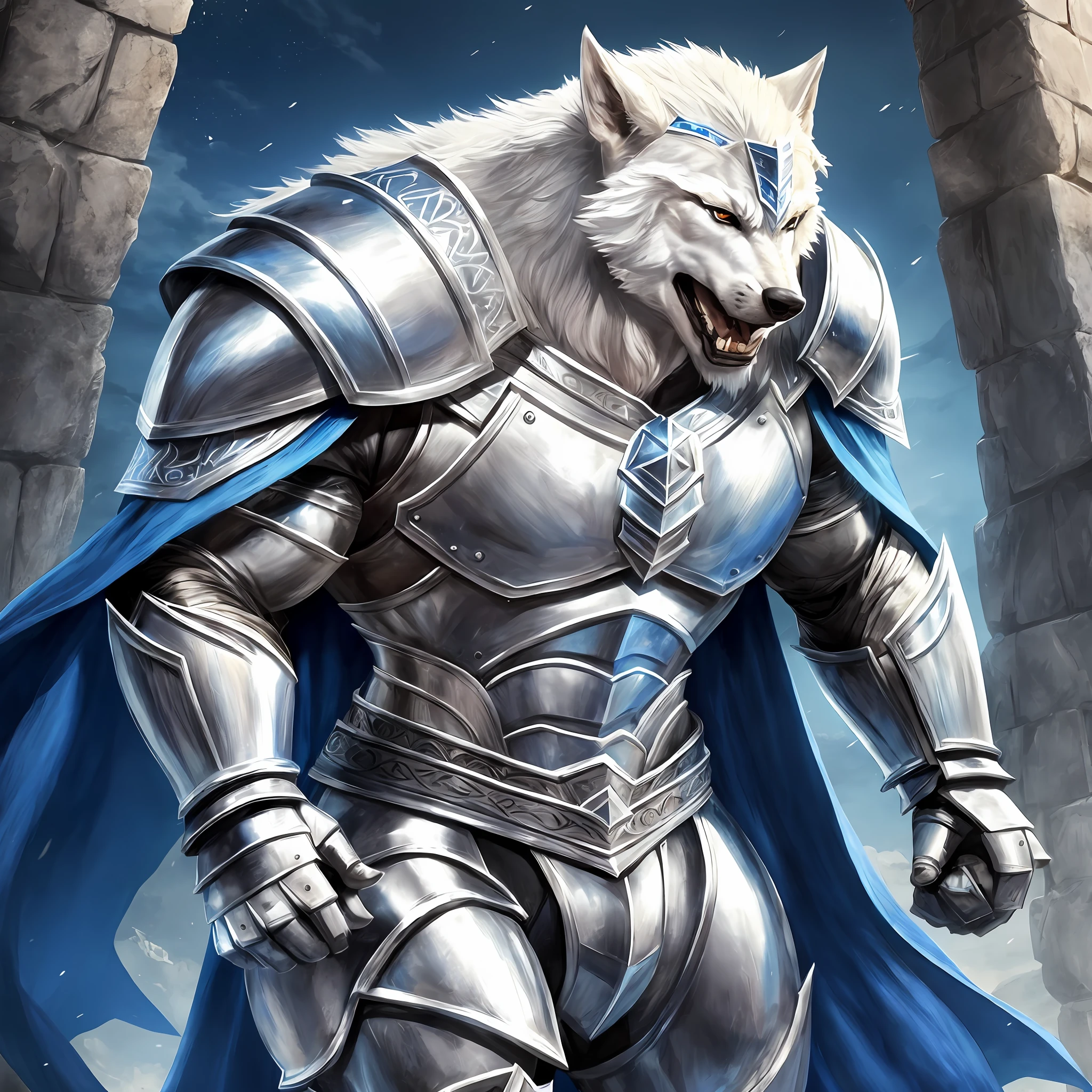 Young knight, Tall, white werewolf, Swole,muscular, bright eyes, short white hair shaved, powerful, wearing a silver and blue armor, with a blue cape, foot a square, , Realistic, Full HD, best quality