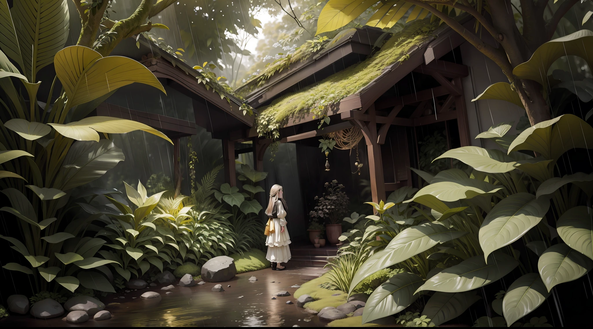 Sephiroth sprite, curiosity, looking at a golden dragon egg in a humid tropical jungle, with intense rain, monochrome, vines around, giant and wet trees, masterpiece, best quality, high quality, 8k CG wallpaper, extremely detailed, oil painting, award-winning photography, Bokeh, Depth of Field, HDR, bloom, chromatic aberration, photorealistic, extremely detailed, trend in artstation,  trend in CGsociety, intricate, high detail, dramatic, art in the middle of the journey, volumetric lighting.