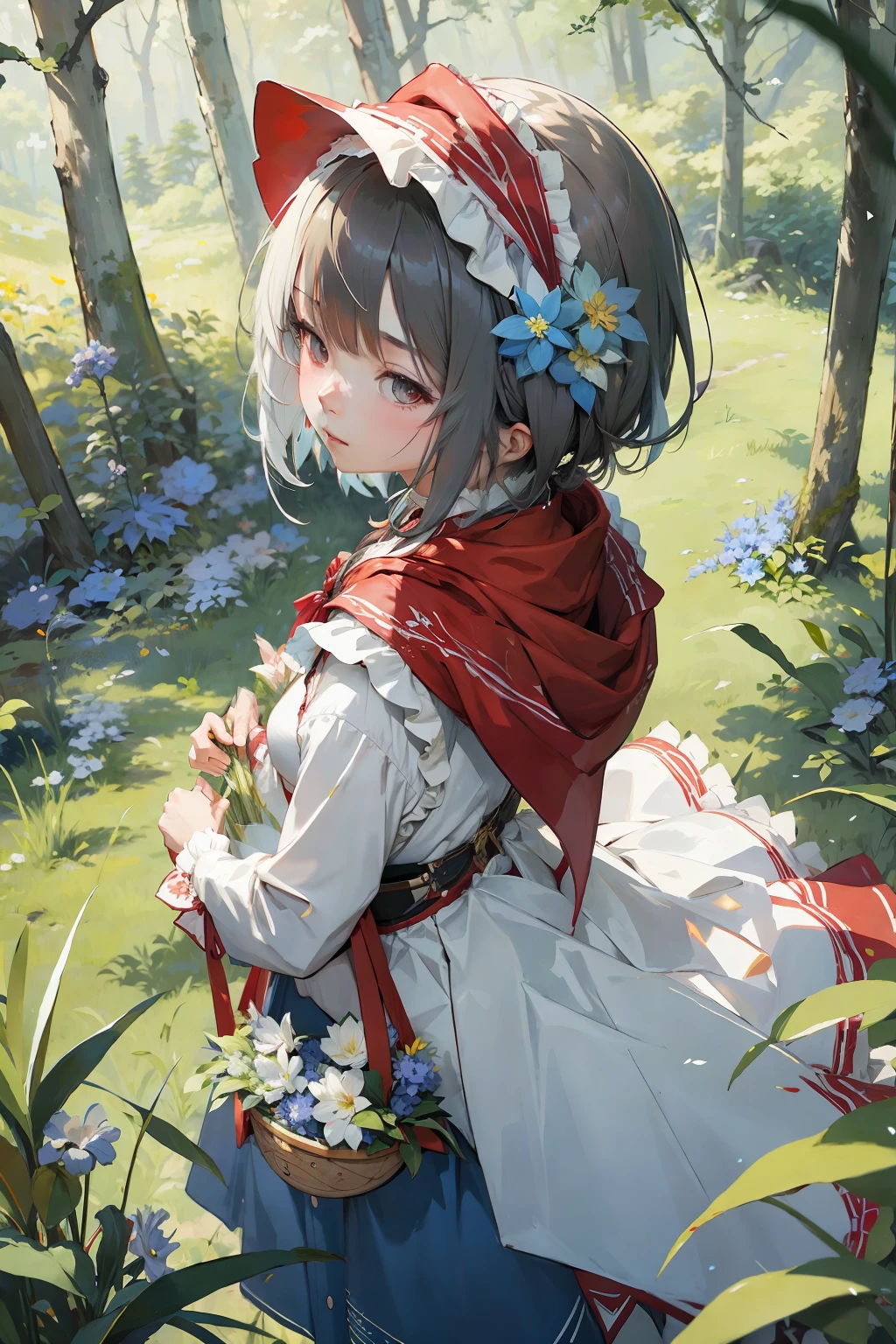 anime girl in a red cape and white dress in a forest, guweiz on pixiv artstation, reimu hakurei, official artwork, guweiz, trending on artstation pixiv, guweiz on artstation pixiv, official art, from arknights, kawacy, artistic render of reimu hakurei