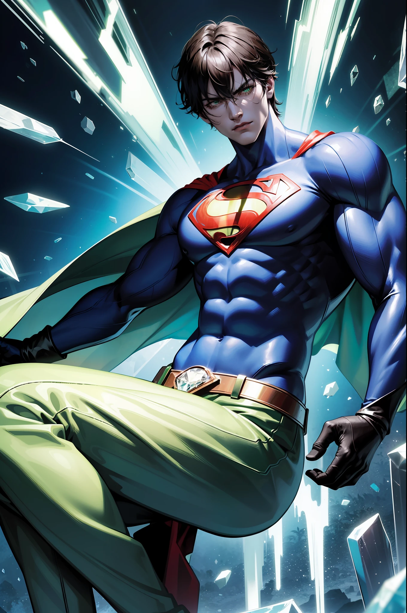 Create the super strong superman with his torn clothes being Kryptonite with bits of his crystallized body Extremely strong green with angry expression on his face --S2 him inside a Swamp in place Dark background and coming out pieces of crystals from his body in the shape of Kryptonite Ultra reality small details shadow light --auto