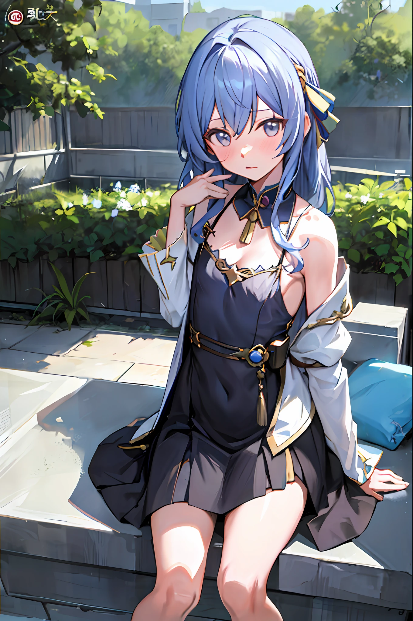 Photorealistic, master peace, official posters, a beautiful Anime girl, small chest, short long hair, sexy long small dress, unconcerned, bare shoulder, unconcerned, NSFW, cleavage, mouth wide open, shy, blush, in the garden, loli, ultra realistic,