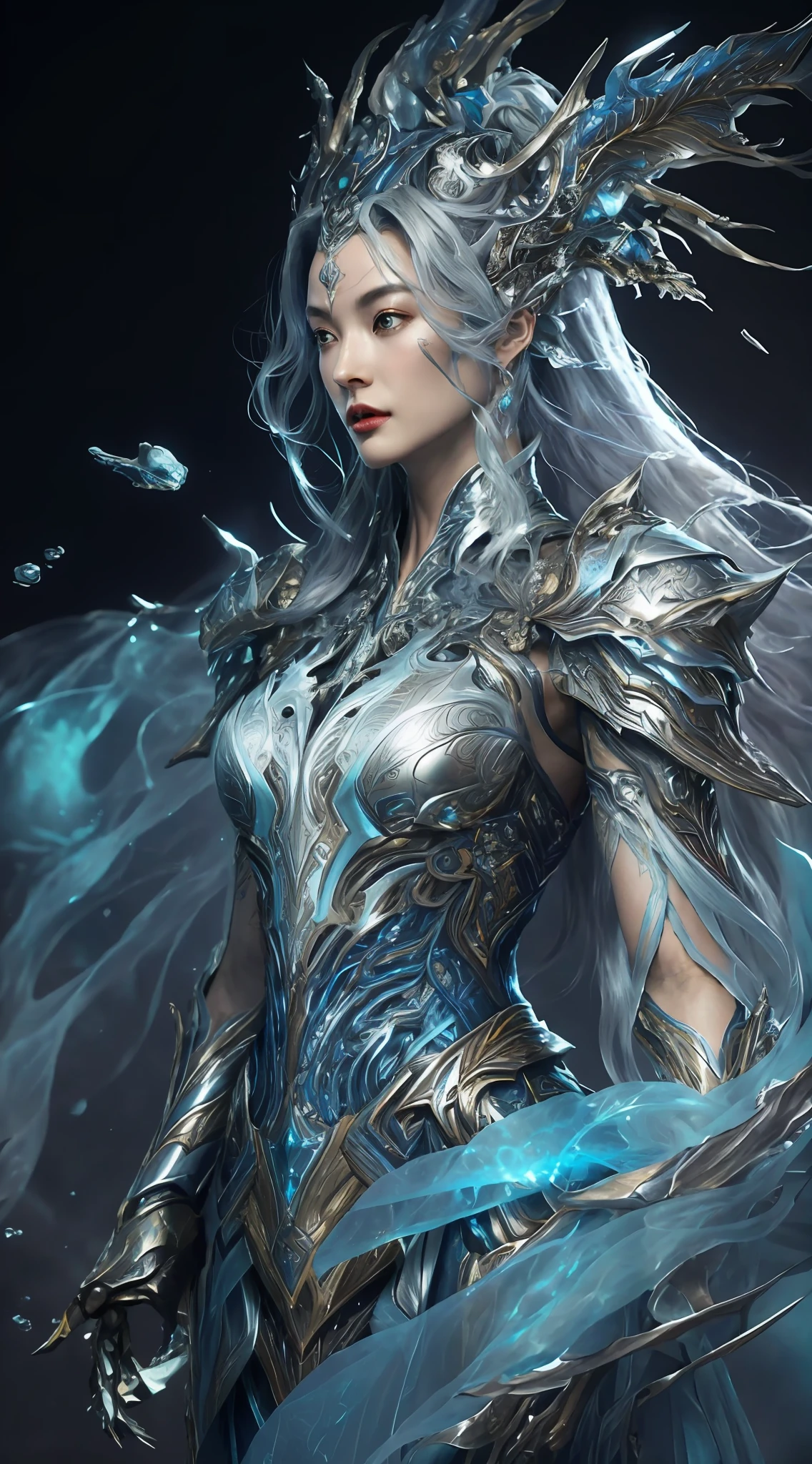 a close up of a woman in a silver and blue dress, chengwei pan on artstation, by Yang J, detailed fantasy art, stunning character art, fanart best artstation, epic exquisite character art, beautiful armor, extremely detailed artgerm, detailed digital anime art, artgerm on artstation pixiv, armor girl 1 japanese, WARFRAME, prime,rhino prime,volt prime,saryn prime dynamic pose, intricate pattern, heavy metal, energy lines, faceless, glowing eyes, long silver hair, wind blown hair, elegant, intense, blood red and black uniform, bloody wings, solo, desert, sunny, bright, claws, dramatic lighting, (masterpiece:1.2), best quality, high resolution, beautiful detailed, extremely detailed, perfect lighting, zhongfenghua, from below