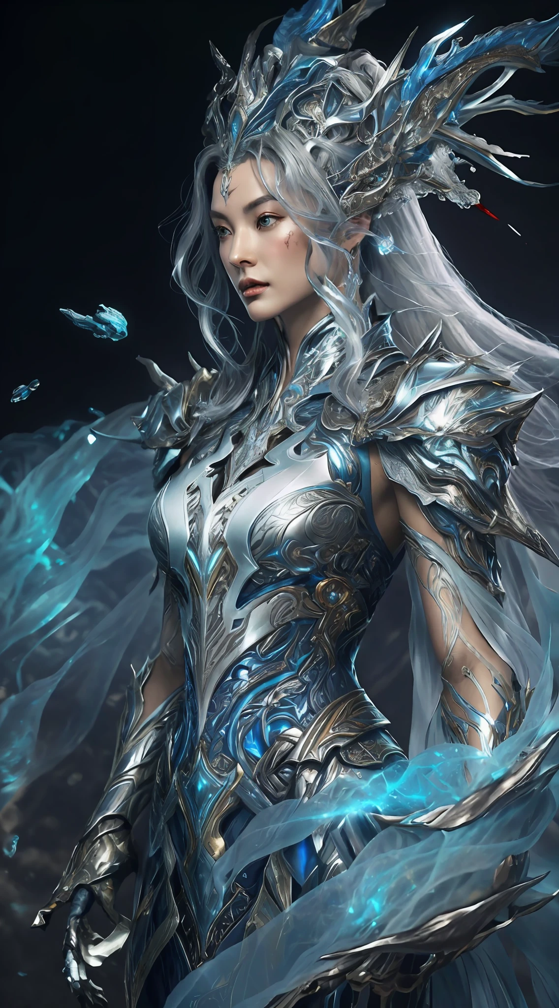 a close up of a woman in a silver and blue dress, chengwei pan on artstation, by Yang J, detailed fantasy art, stunning character art, fanart best artstation, epic exquisite character art, beautiful armor, extremely detailed artgerm, detailed digital anime art, artgerm on artstation pixiv, armor girl 1 japanese, WARFRAME, prime,rhino prime,volt prime,saryn prime dynamic pose, intricate pattern, heavy metal, energy lines, faceless, glowing eyes, long silver hair, wind blown hair, elegant, intense, blood red and black uniform, bloody wings, solo, desert, sunny, bright, claws, dramatic lighting, (masterpiece:1.2), best quality, high resolution, beautiful detailed, extremely detailed, perfect lighting, zhongfenghua, from below