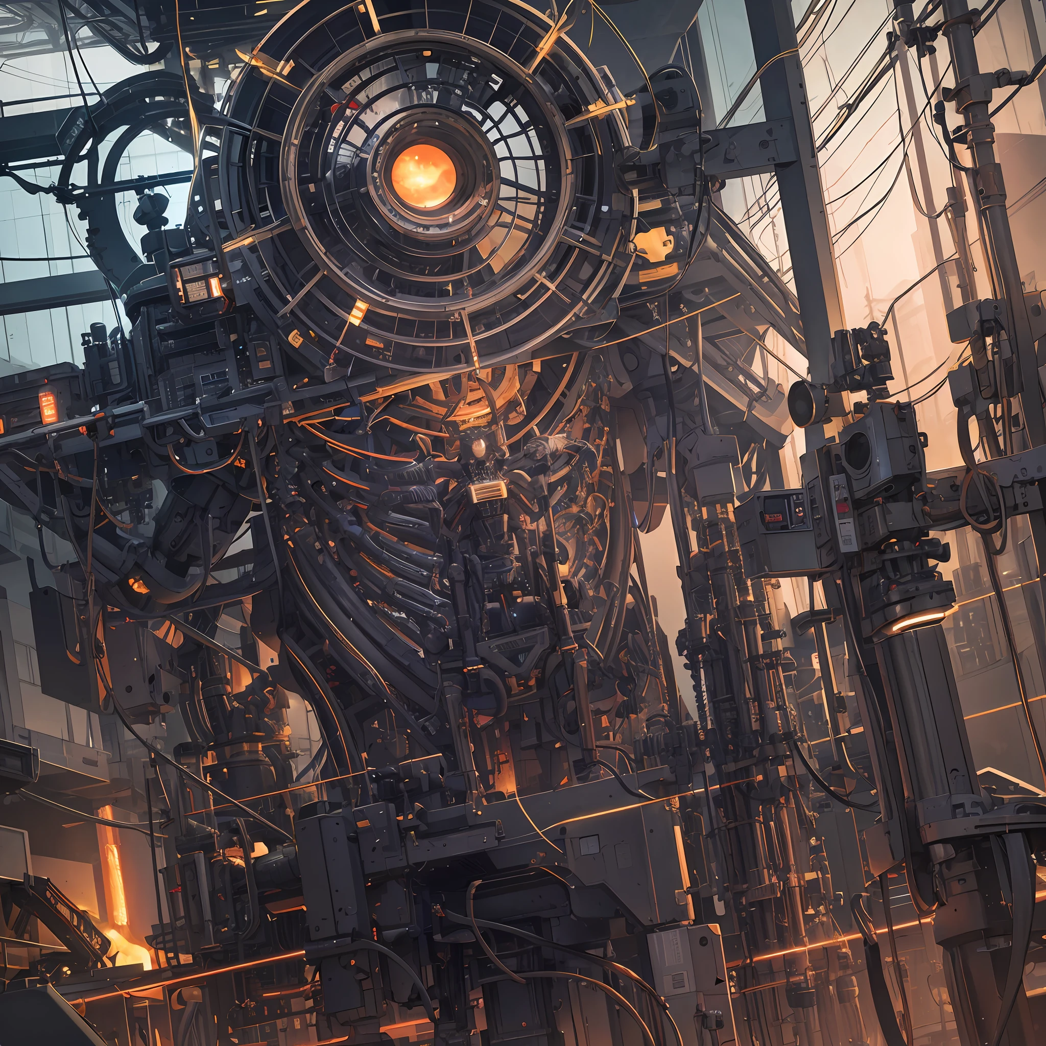 Standing on the factory assembly floor, ((surreal details)) a giant mechanical skeleton warrior with a nuclear reactor on his chest, portable miniature nuclear reactor, portrait, global illumination, shadows, octane rendering, 8k, super sharp, metallic, complex, ornamental detailed, cool colors, Egyptian details, highly complex details, realistic light, popular on cgsociety, glowing eyes, facing camera, neon details, mechanical limbs, sitting, wires and cables attached to the head, panorama, full body, --auto --s2