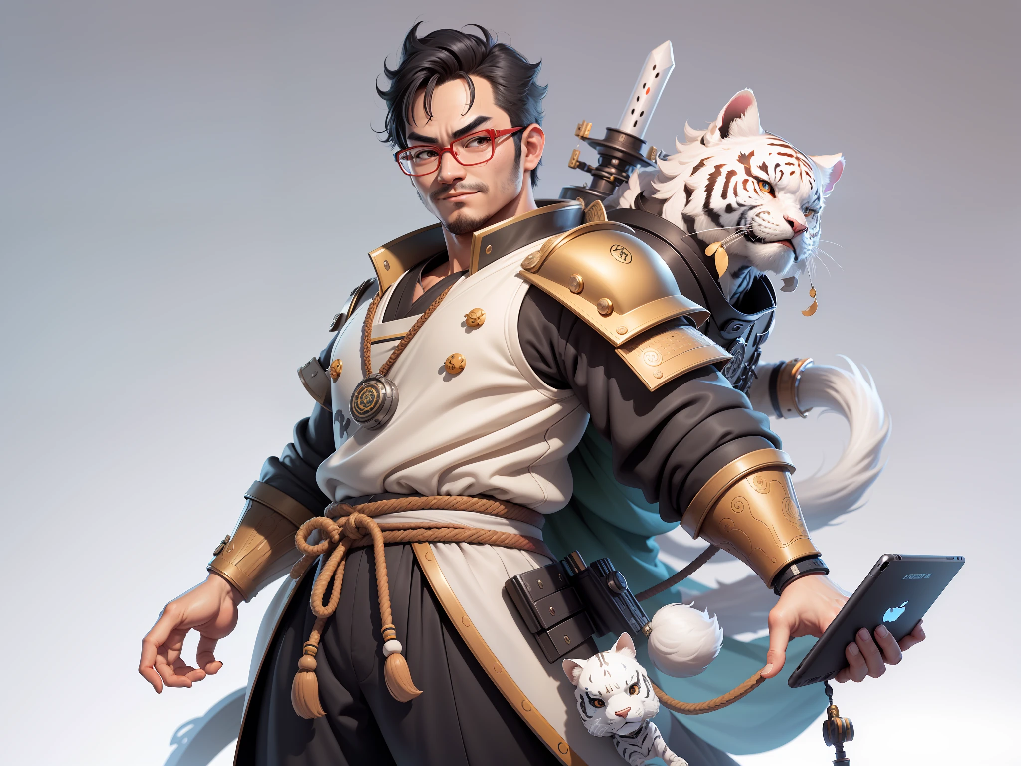 (Masterpiece), (Excellent), (Super Meticulous), (Full Body: 1.2), Super Young Man, Oriental Face, Japanese Samurai Armor, White Tiger, TV Anchor, Bust Portrait Illustration, Alone, Black Suit, Red Tie, Silver Glasses, Slightly Chubby Face, Very Clean Face, No Beard, Black Super Short Hair, Black Eyes, Confident Smile, 3c Computer Sub-Products, iPad, iPhone, Digital Painting, 3D Character Design by Mark Clairenden and Pixar and Hayao Miyazaki, The illustration is a high-definition illustration in 4K resolution with very detailed facial features and cartoon-style visuals.