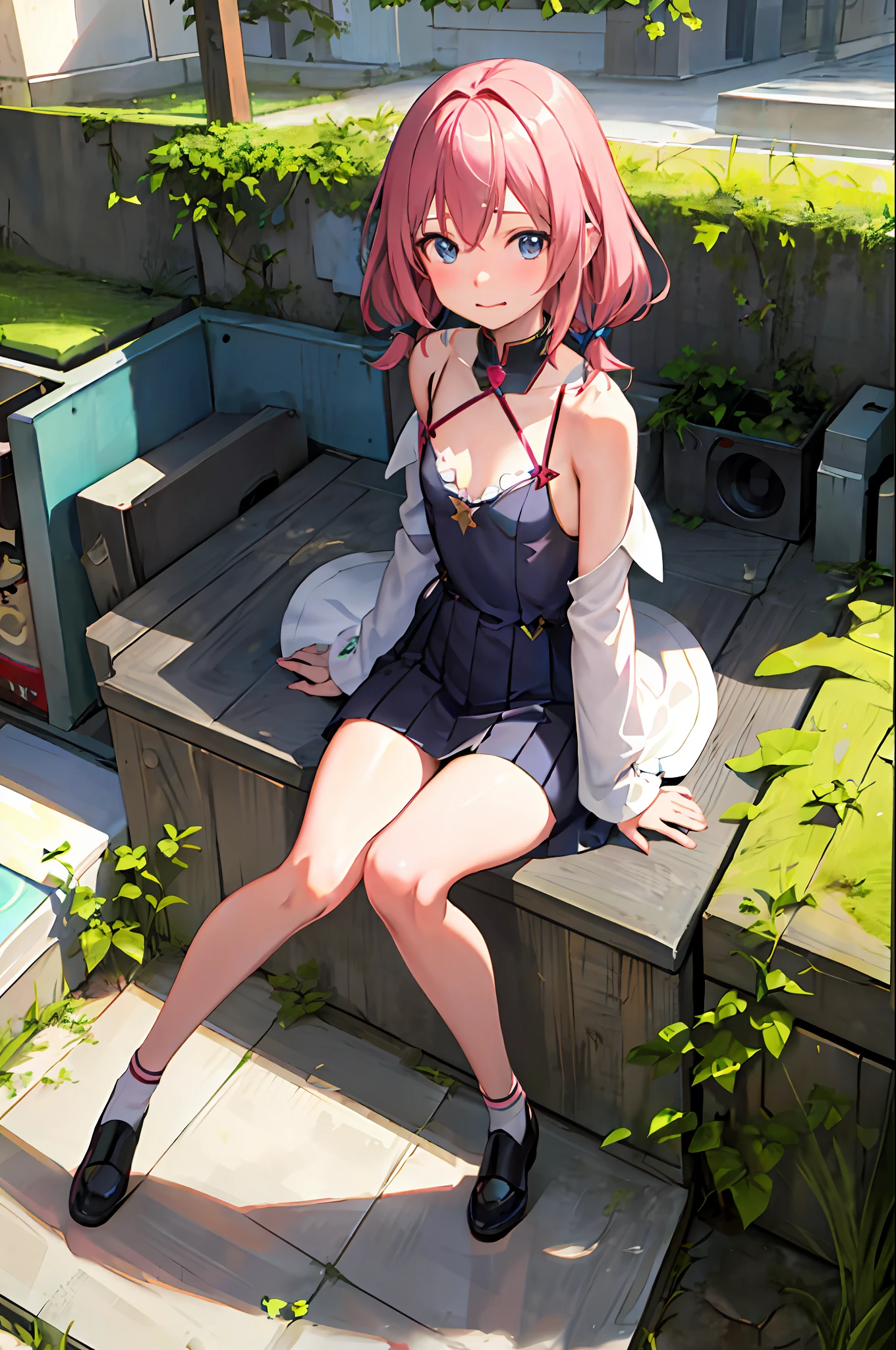 Photorealistic, master peace, official posters, a beautiful Anime girl, small chest, short long pink hair, Blue eyes, unconcerned, bare shoulder, unconcerned, NSFW, cleavage, mouth wide open, shy, blush, in the garden, li, ultra realistic,