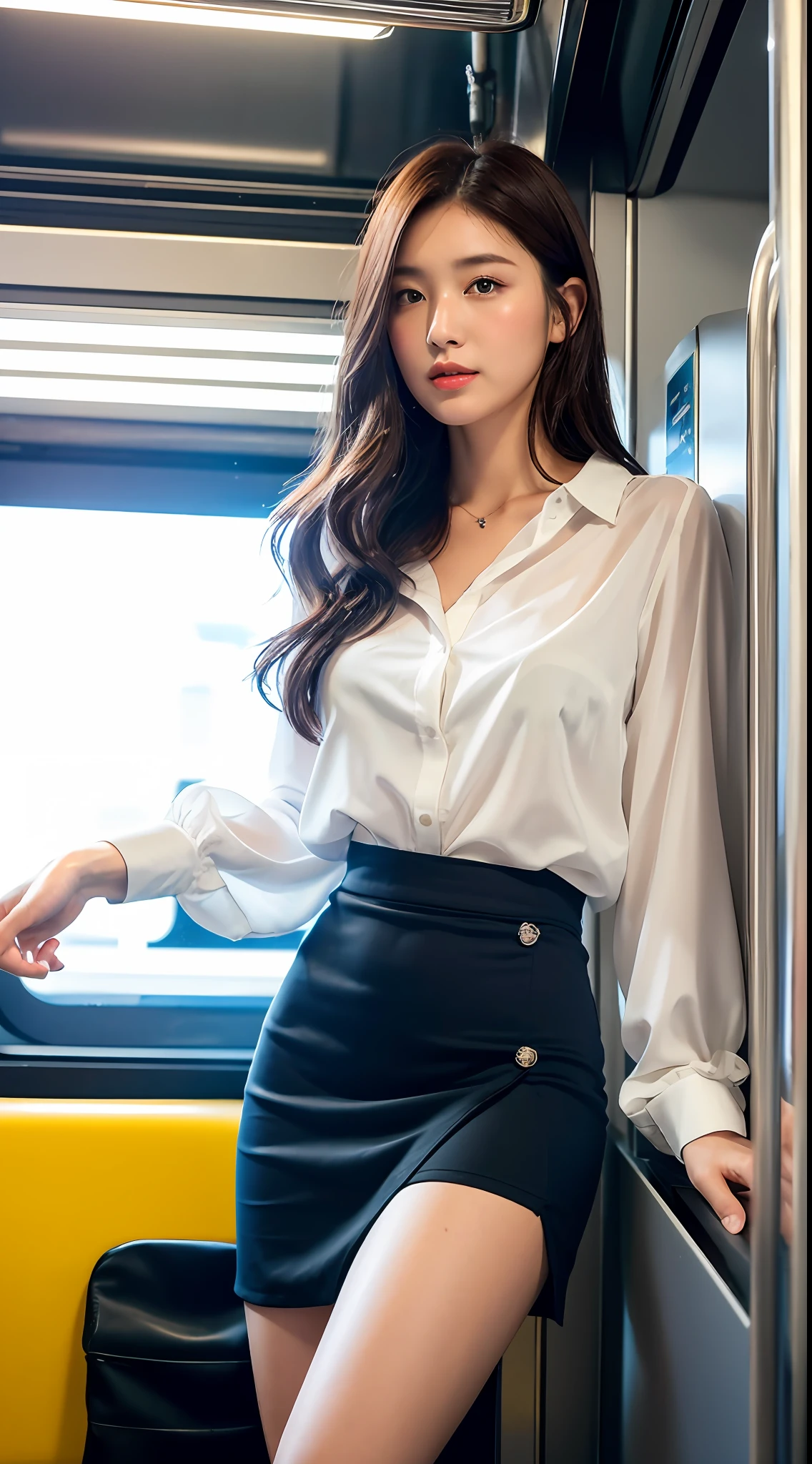 (Best Quality, 8k, 32k, Masterpiece, UHD: 1.2), Cute Japan Woman Pictures, 1 Girl, (Big: 1.1), (Tall Women), (Abs, Slim Figure: 1.1), (Lips), (Medium Short Dark Brown Hair), Double Eyelids, Wet White Blouse, Realistic Ray Light, In a Crowded Train, Dark Blue Short Skirt, Slit To Skirt