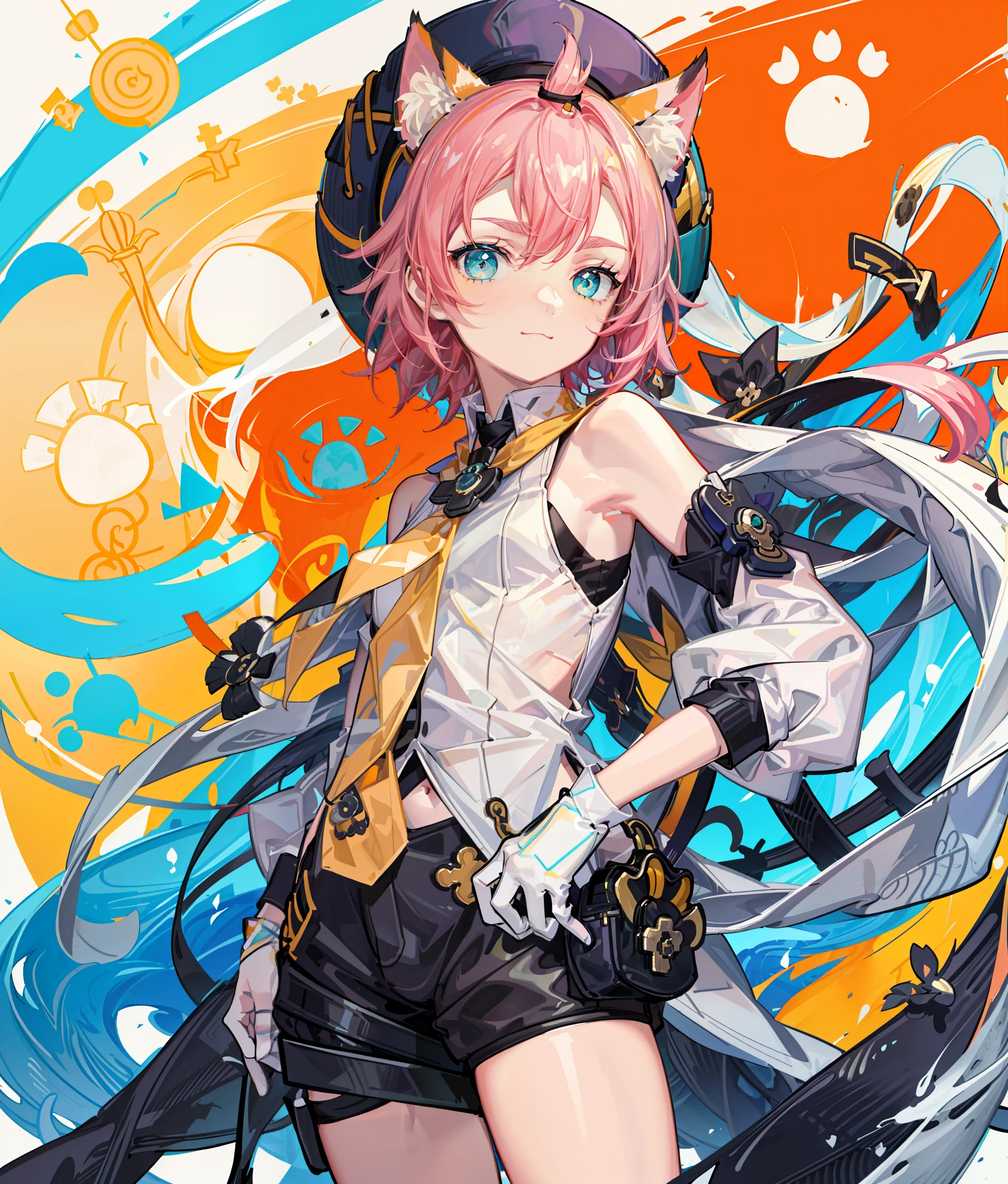 (flat color:0.9),(colorful:1.1),(masterpiece:1,2), best quality, masterpiece, highres, original, extremely detailed wallpaper,1girl,solo,cat Girl, short pink hair with cat ears, teal eyes, white sleeveless top, separate sleeves, black shorts, side bag in a shape of cat paw, yellow tie, holding a bottle in her hand