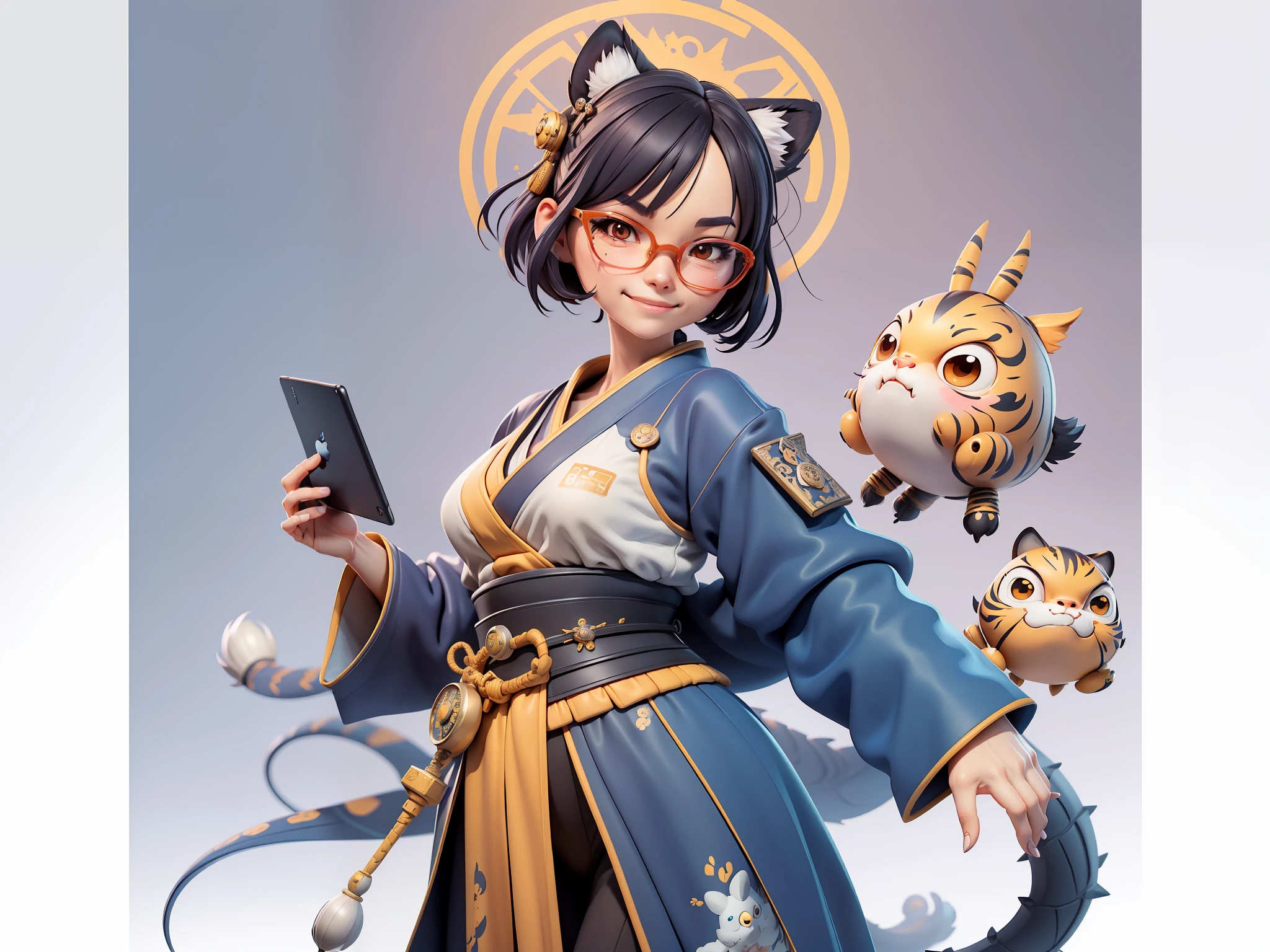 (Masterpiece), (Extreme Quality), (Super Meticulous), (Full Body: 1.2), Super Young Woman, Japanese Female Samurai Beautiful, Dragon, Tiger, Sexy, Bursting, Oriental Face, TV Anchor, Bust Portrait Illustration, Alone, Black Suit, Blue Tie, Silver Glasses, Slightly Chubby Face, Very Clean Face, No Beard, Black Super Short Hair, Black Eyes, Confident Smile, 3c Computer Sub-Products, iPad, iPhone, Digital Painting, 3D Character Design by Mark Claireden and Pixar and Hayao Miyazaki, The illustration is a high-definition illustration in 4K resolution with very detailed facial features and cartoon-style visuals.